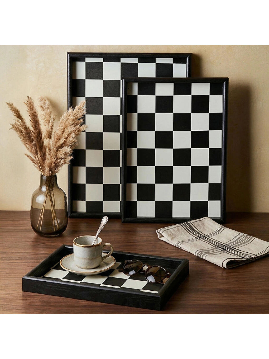 Siyah Porsima 1301050047 Ahşap Tepsi 3lü Set Çay Kahve Bambu Sunumu Dama Desenli Tepsi Seti-1