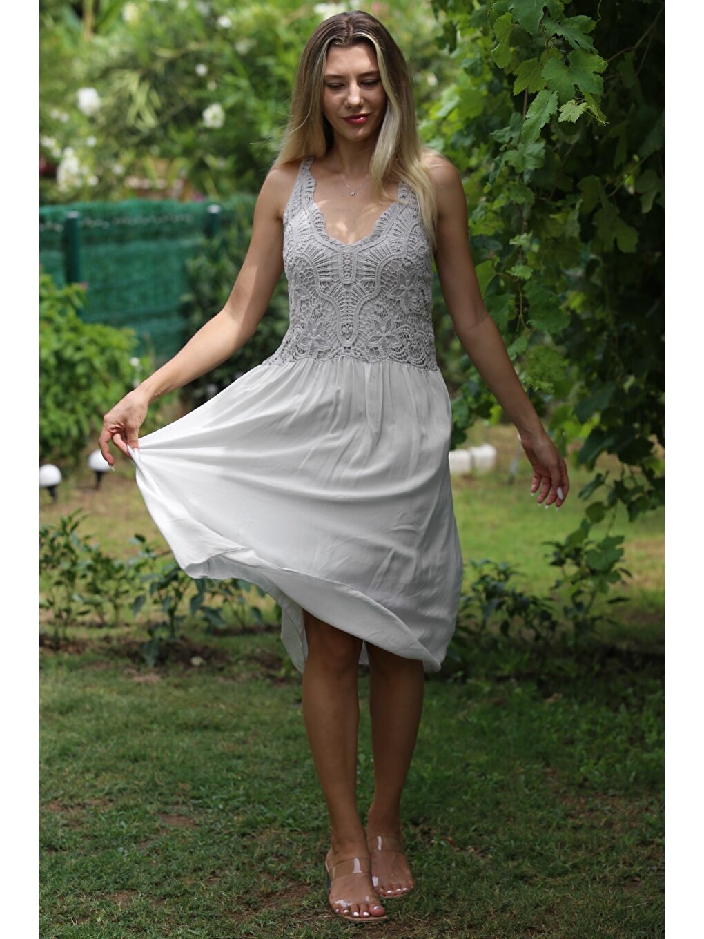 İtalyan Bej Askılı Dantelli Fistolu Dokuma Casual Elbise-4