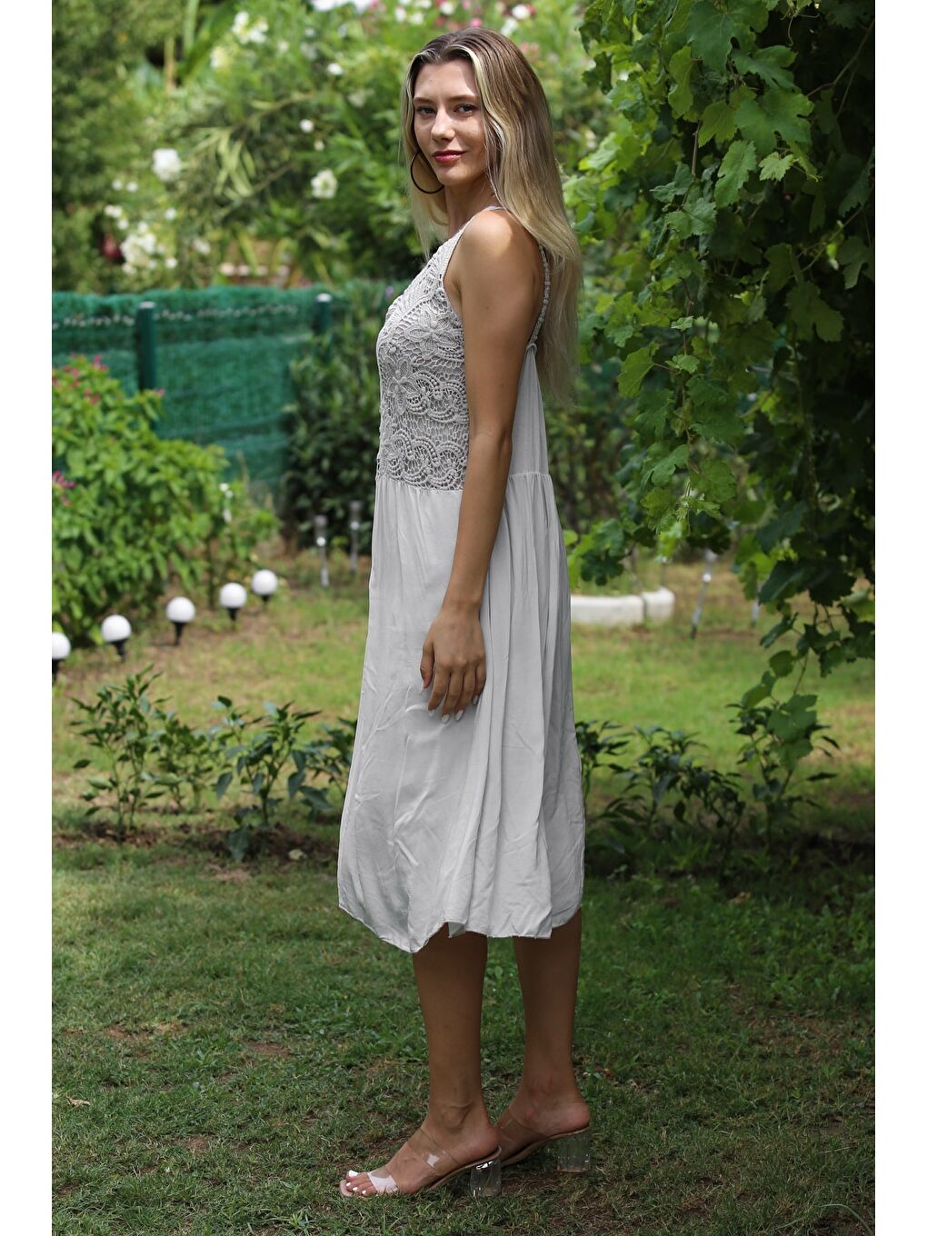 İtalyan Bej Askılı Dantelli Fistolu Dokuma Casual Elbise-6