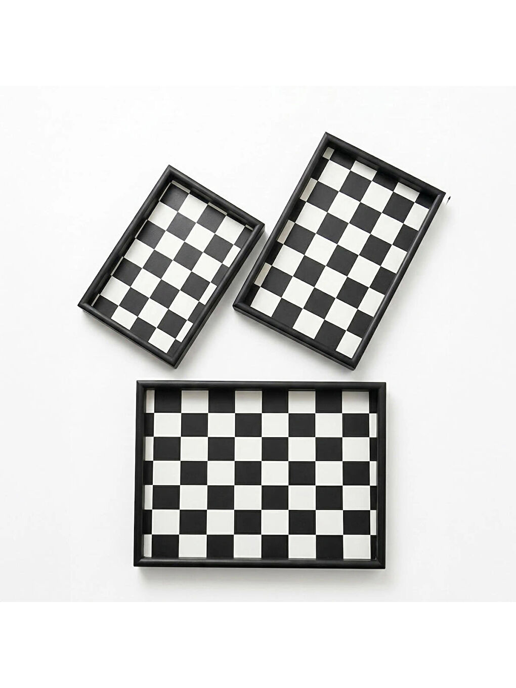 Siyah Porsima 1301050047 Ahşap Tepsi 3lü Set Çay Kahve Bambu Sunumu Dama Desenli Tepsi Seti-3