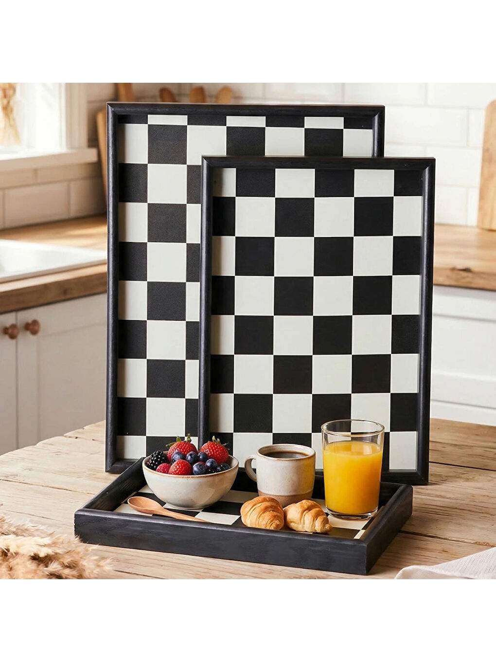 Siyah Porsima 1301050047 Ahşap Tepsi 3lü Set Çay Kahve Bambu Sunumu Dama Desenli Tepsi Seti-4