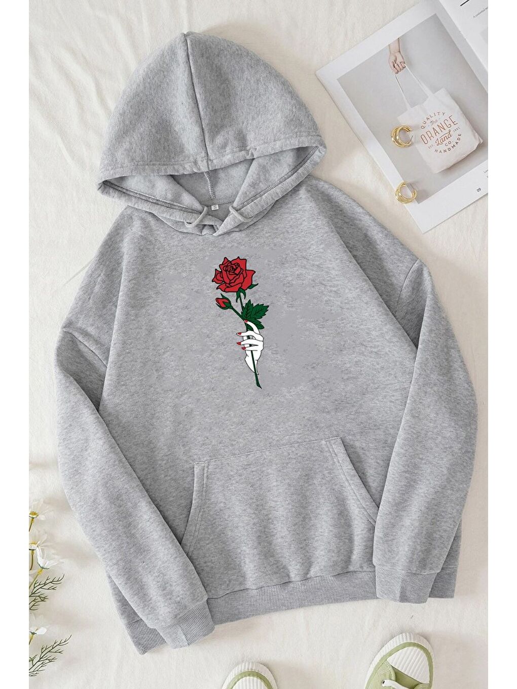 uyguntarz Gri Unisex Rose Baskılı Sweatshirt