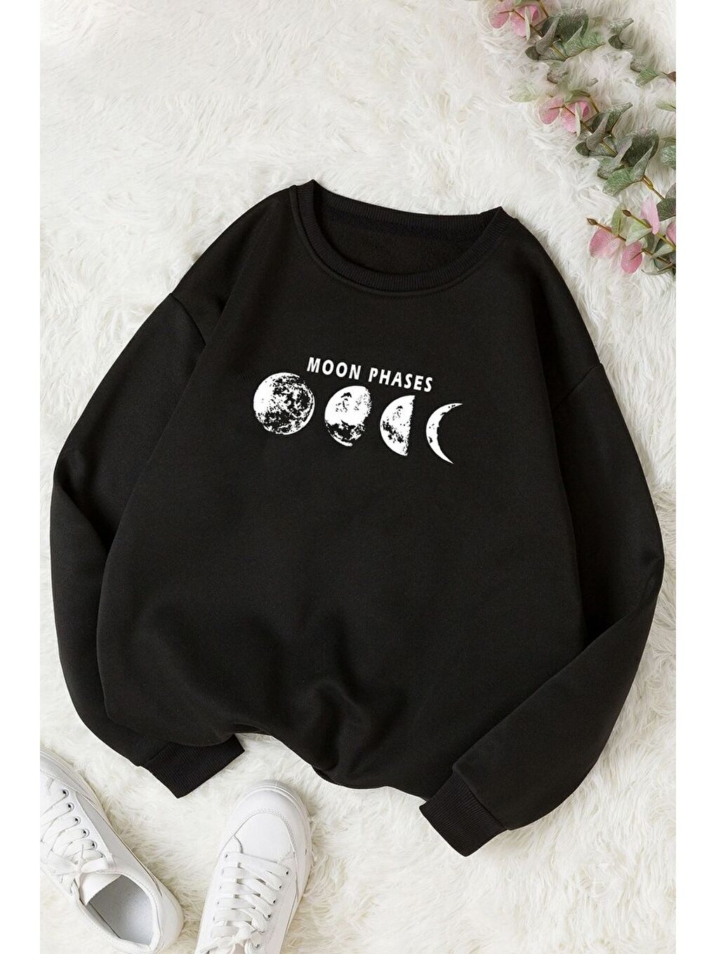 uyguntarz Siyah Unisex Celestial Sun Moon Bisiklet Yaka Sweatshirt