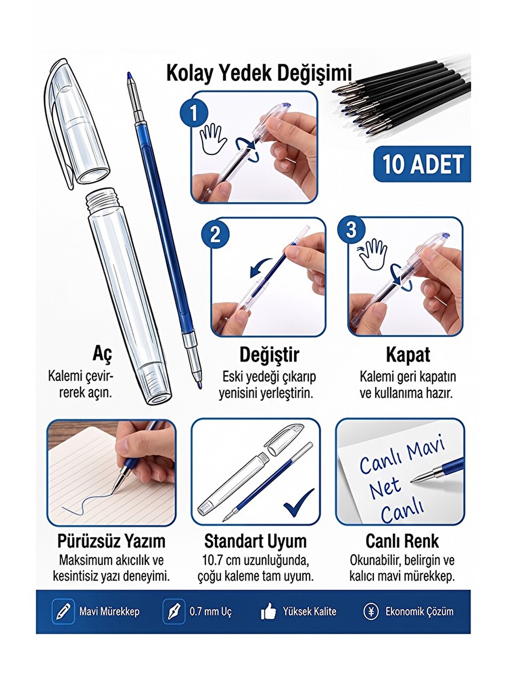 Mavi Plastik Tükenmez Kalem Yedeği 10 Adet 10.7 Cm Tükenmez Kalem İçi Yedek Plastik Tükenmez Kalem İ-1