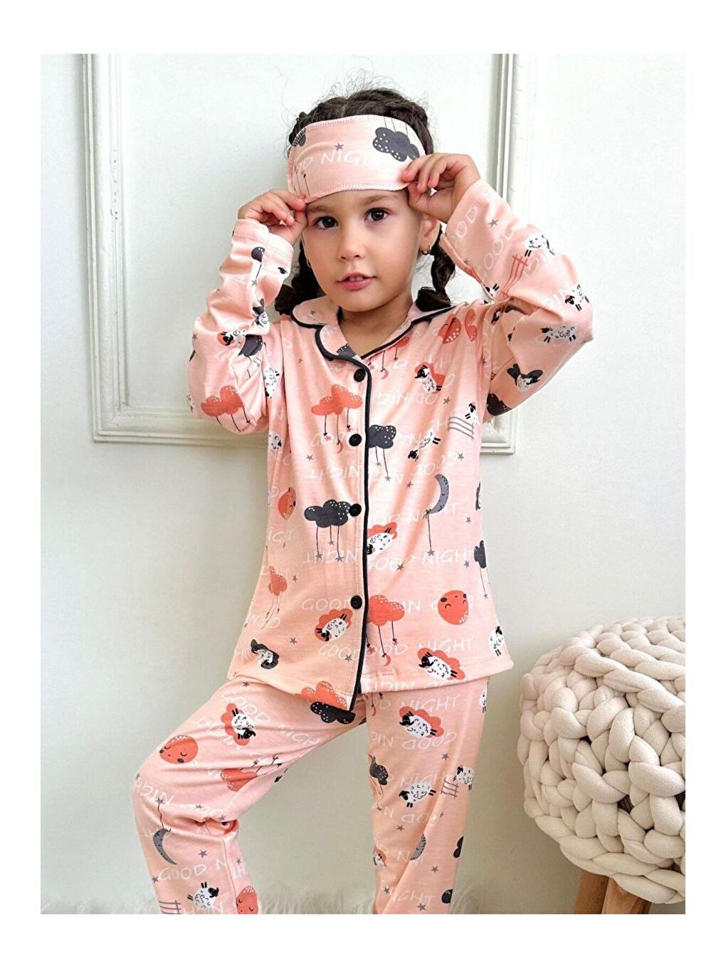 Pembe Bulut Baskılı Göz Bantlı Önden Düğmeli 2İplik Kız Çocuk Pijama Takımı-1