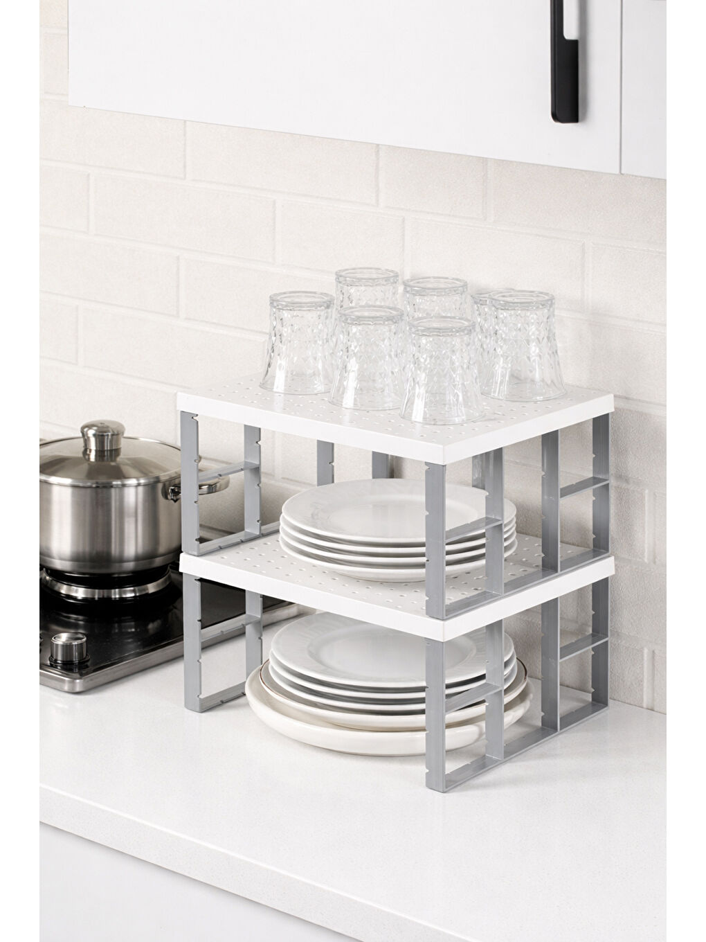 Beyaz Org-01 - 3lü Raf Düzenleyici - Dolap Içi Düzenleyici Raf - Mutfak Tabak Bardak Rafı-2