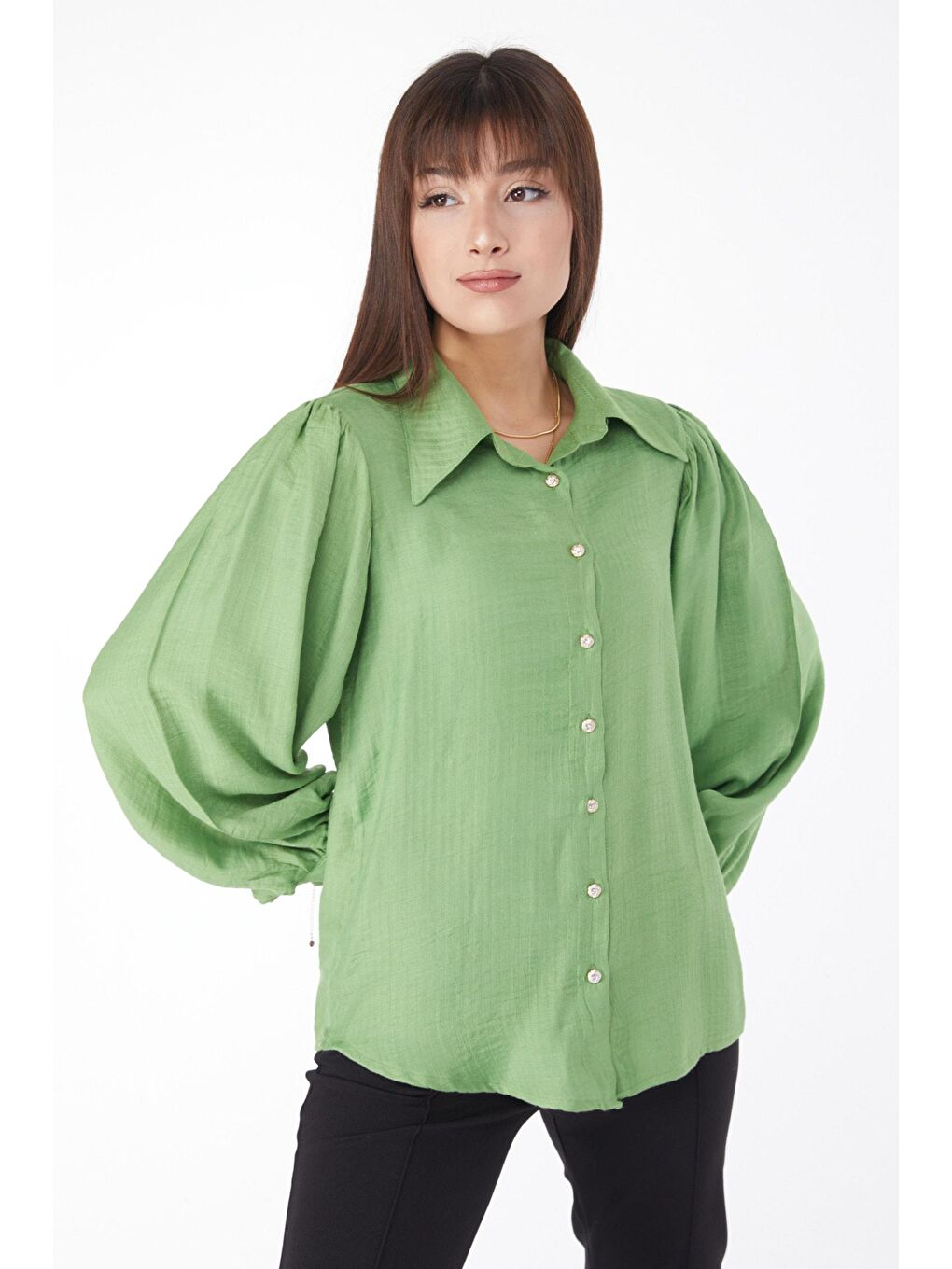 Gömlek Yaka Kadın Yeşil Balon Kol Gömlek - 24998