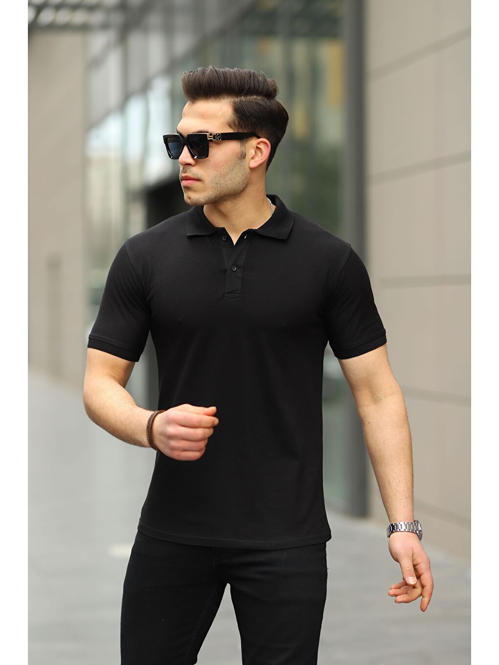 comstar Siyah Erkek Kıvrılmaz Polo Yaka Cepsiz Slim Fit Dar Kesim Düz T-Shirt