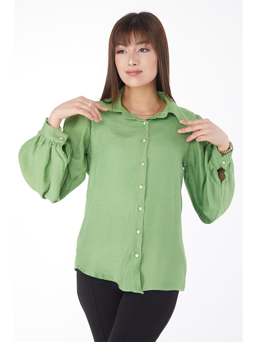 Gömlek Yaka Kadın Yeşil Balon Kol Gömlek - 24998-1