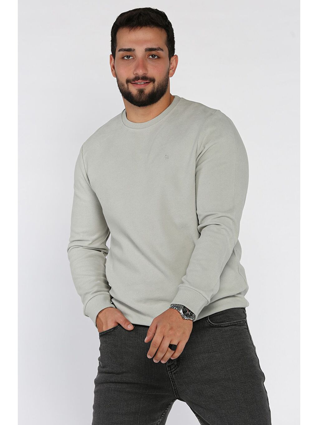 Gri Erkek Bisiklet Yaka Selanik Sweatshirt-1