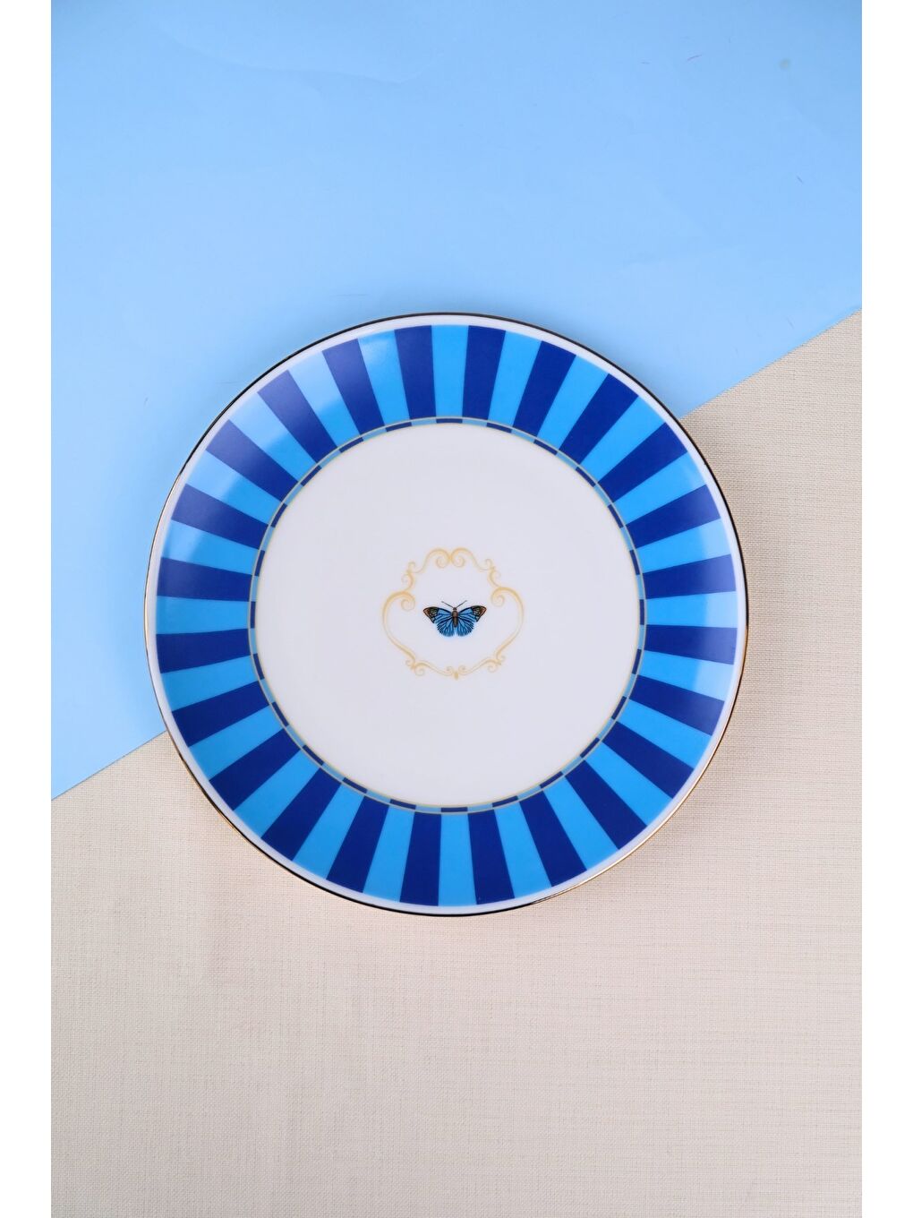 Karışık Porselen Butterfly Collection Altın Yaldızlı Pasta Tabağı Mavi 20,50cm Tekli-1