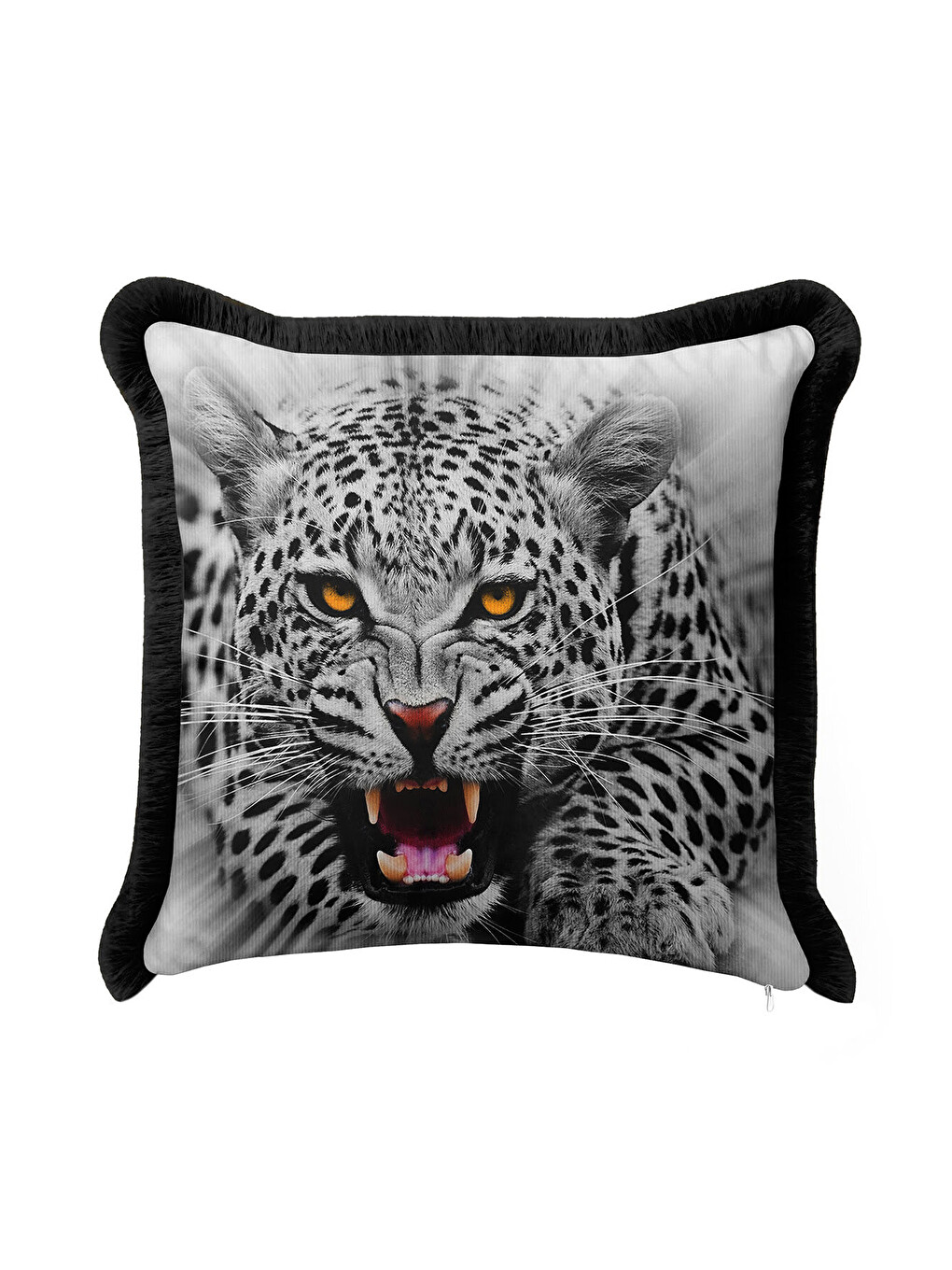 Karışık Vahşi Leopar Figürlü Saçaklı Yastık Kılıfı - Safari Temalı Modern Siyah Püsküllü Kırlent Kılıfı