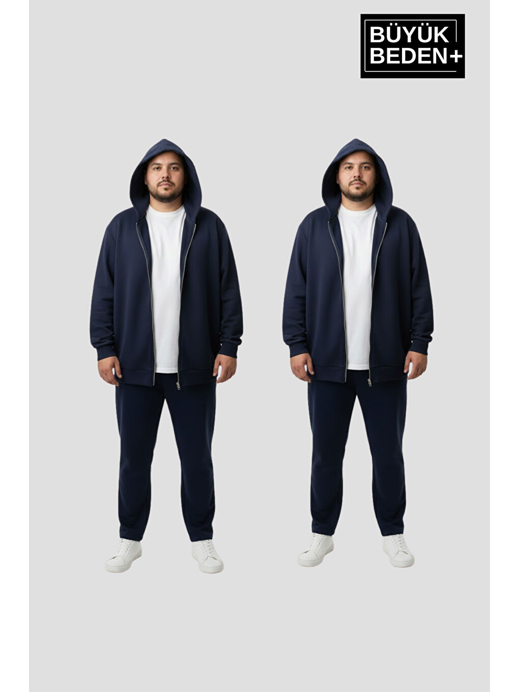 Lacivert Büyük Beden Kapüşonlu 2'li Set ince Erkek Fermuarlı Sweatshirt Hırka Rahat Kalıp SPR26BHR960+2