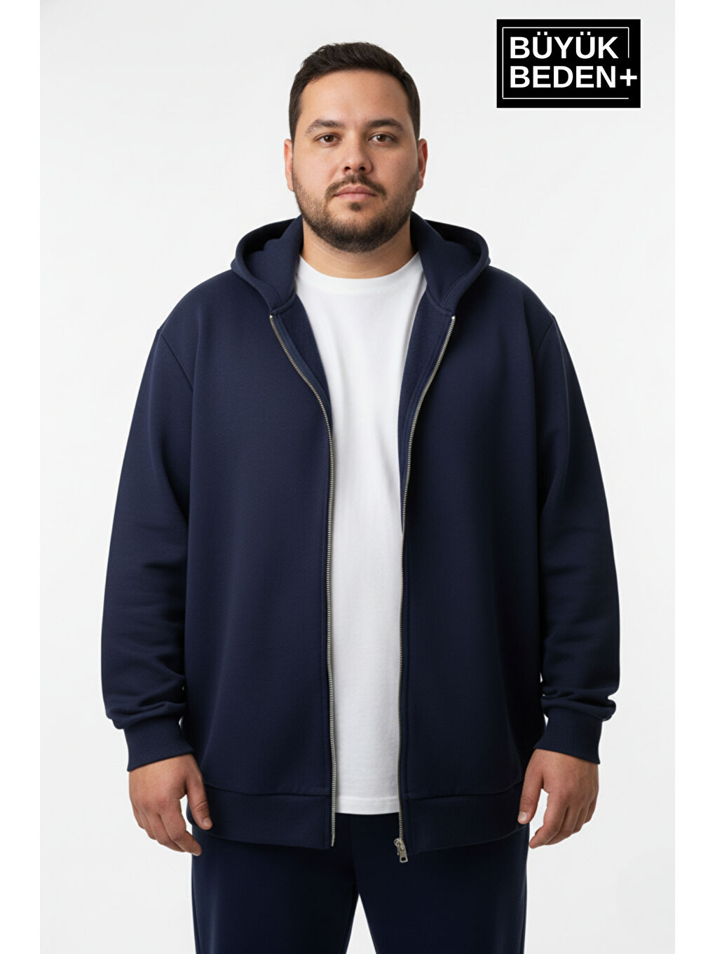 Lacivert Büyük Beden Kapüşonlu 2'li Set ince Erkek Fermuarlı Sweatshirt Hırka Rahat Kalıp SPR26BHR960+2-1