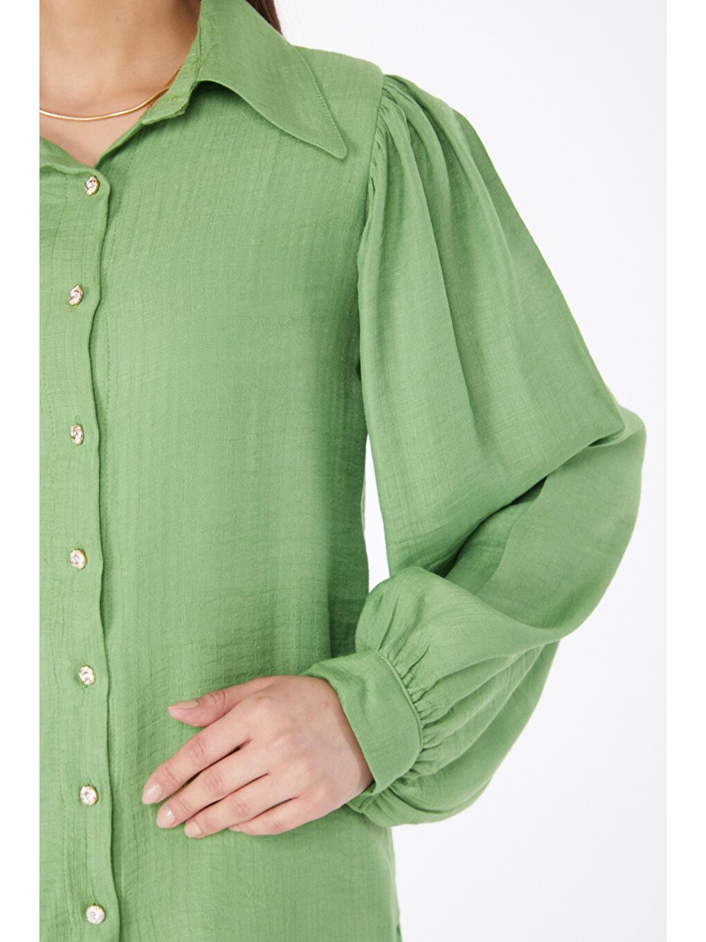 Gömlek Yaka Kadın Yeşil Balon Kol Gömlek - 24998-4