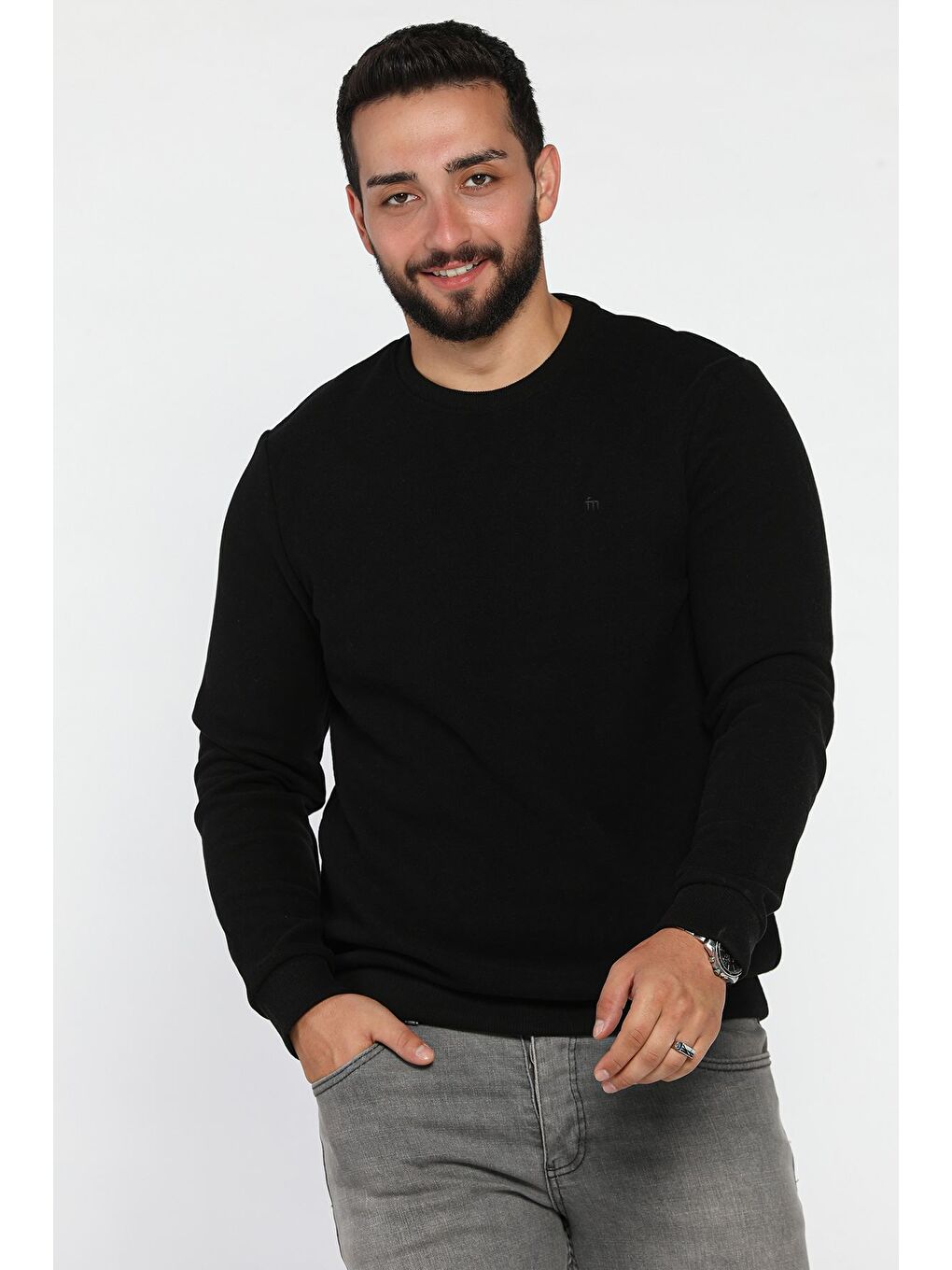 Siyah Erkek Bisiklet Yaka Selanik Sweatshirt-1