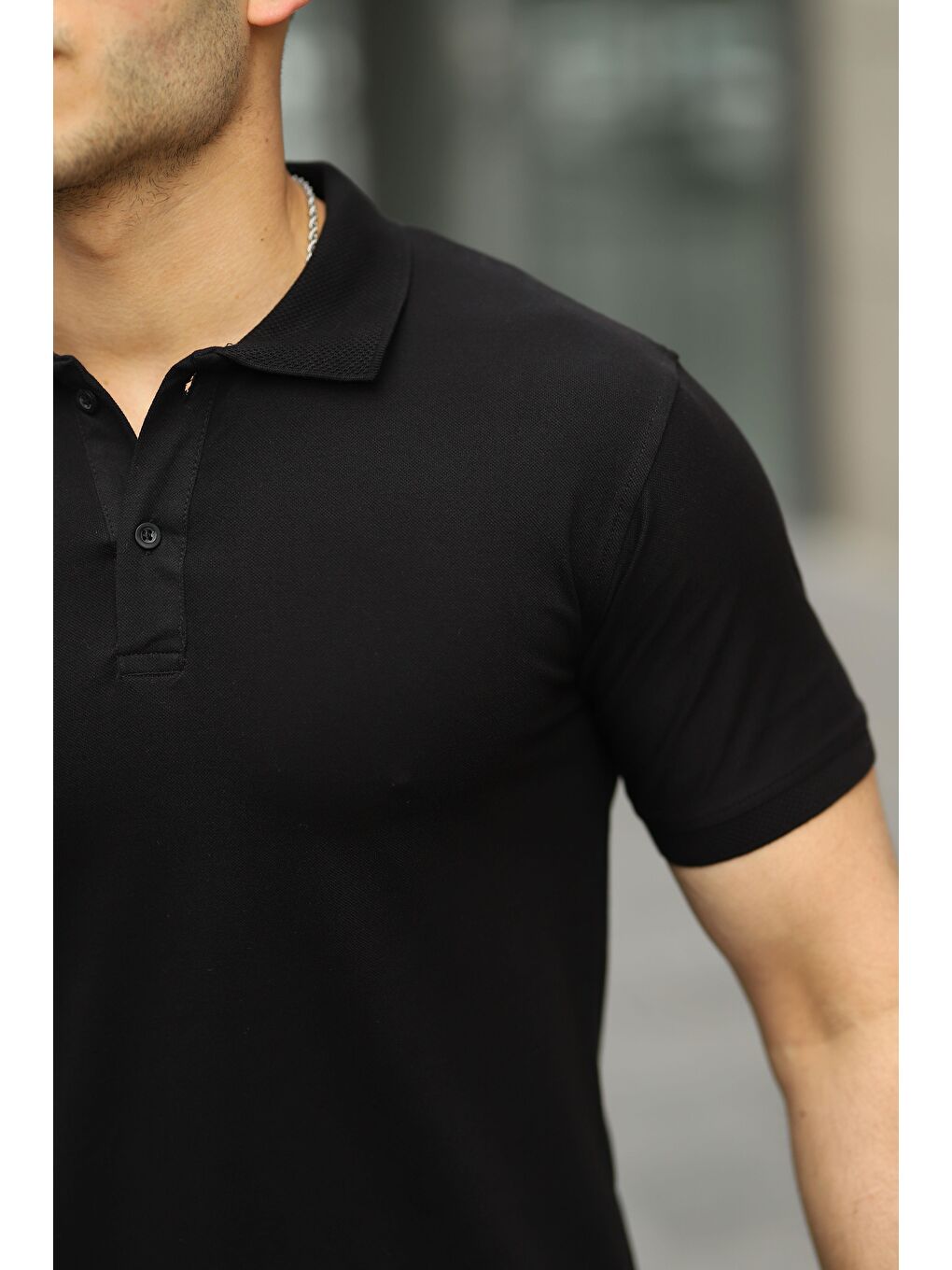 comstar Siyah Erkek Kıvrılmaz Polo Yaka Cepsiz Slim Fit Dar Kesim Düz T-Shirt - 1