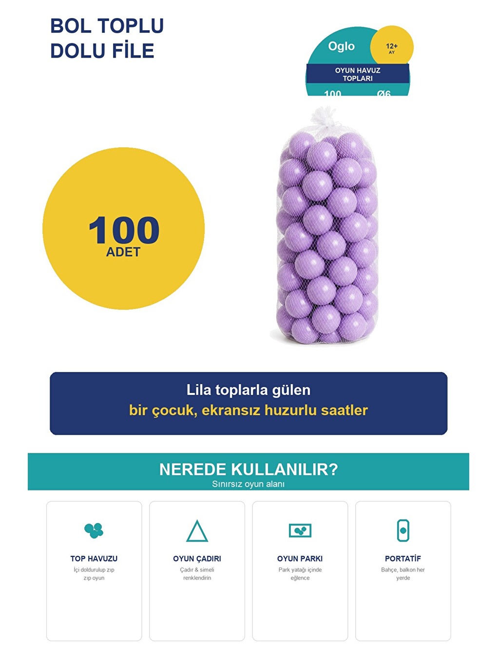 Lila Havuz Topu 100 Adet — Yumuşak Oyun Havuzu Topları, Filede 1+ Yaş-2