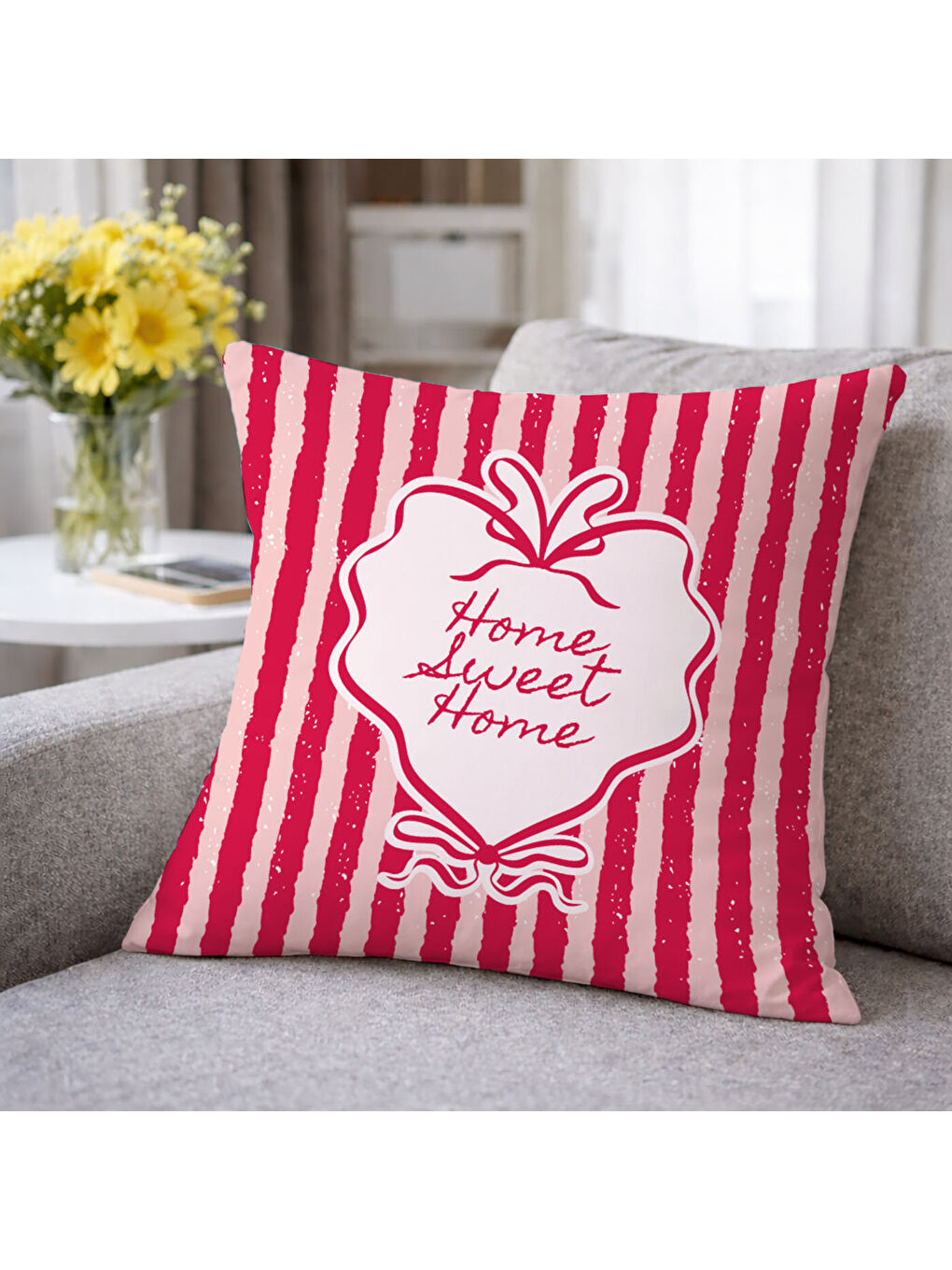Pembe Home Sweet Home Kadife, 43x43cm Çift Taraflı Süet Kumaş Dekoratif Kırlent Kılıfı-1
