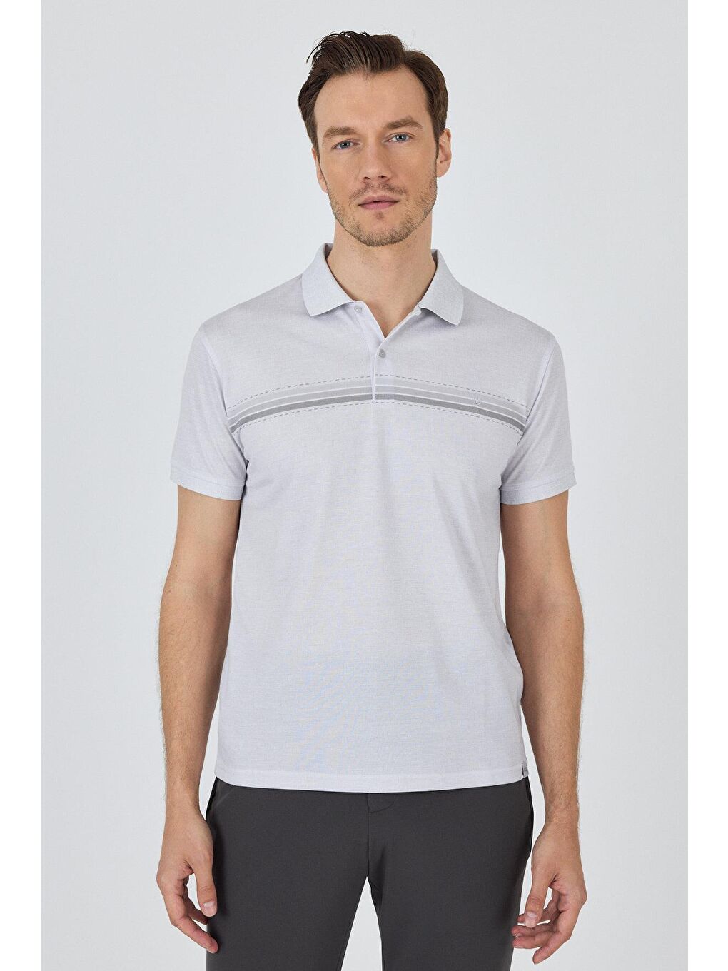 Gri Kısa Kol Baskılı Pike Polo Yaka Cepsiz Slim Fit Tişört 1011250168