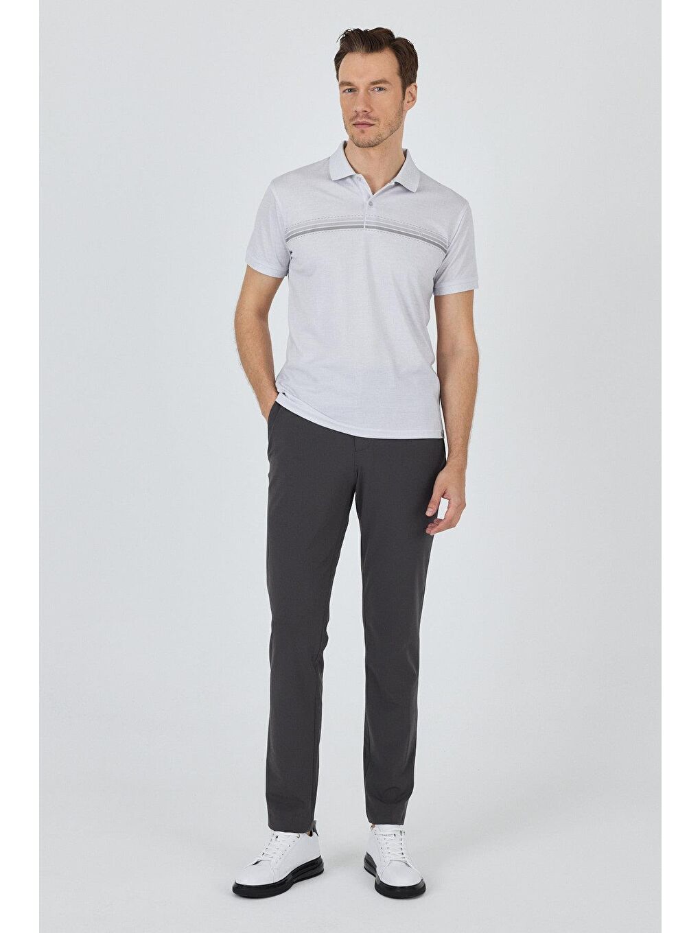 Gri Kısa Kol Baskılı Pike Polo Yaka Cepsiz Slim Fit Tişört 1011250168-1