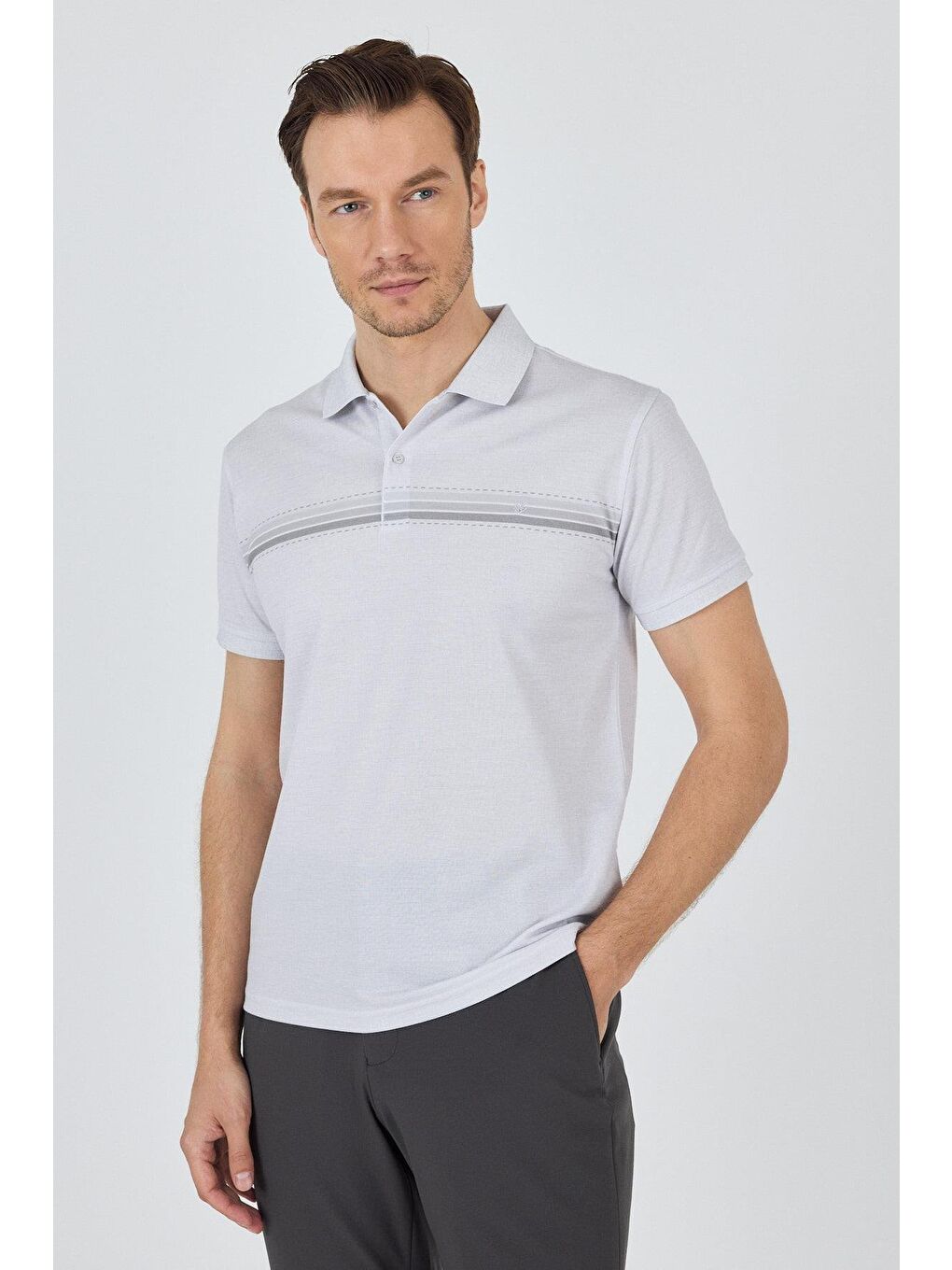 Gri Kısa Kol Baskılı Pike Polo Yaka Cepsiz Slim Fit Tişört 1011250168-2