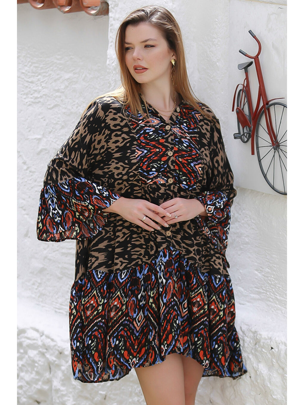 Kahverengi Hakim Yaka 3/4 Kol Düğmeli Kol Ve Etek Ucu Fırfırlı Allover Baskılı Dokuma Casual Elbise-2