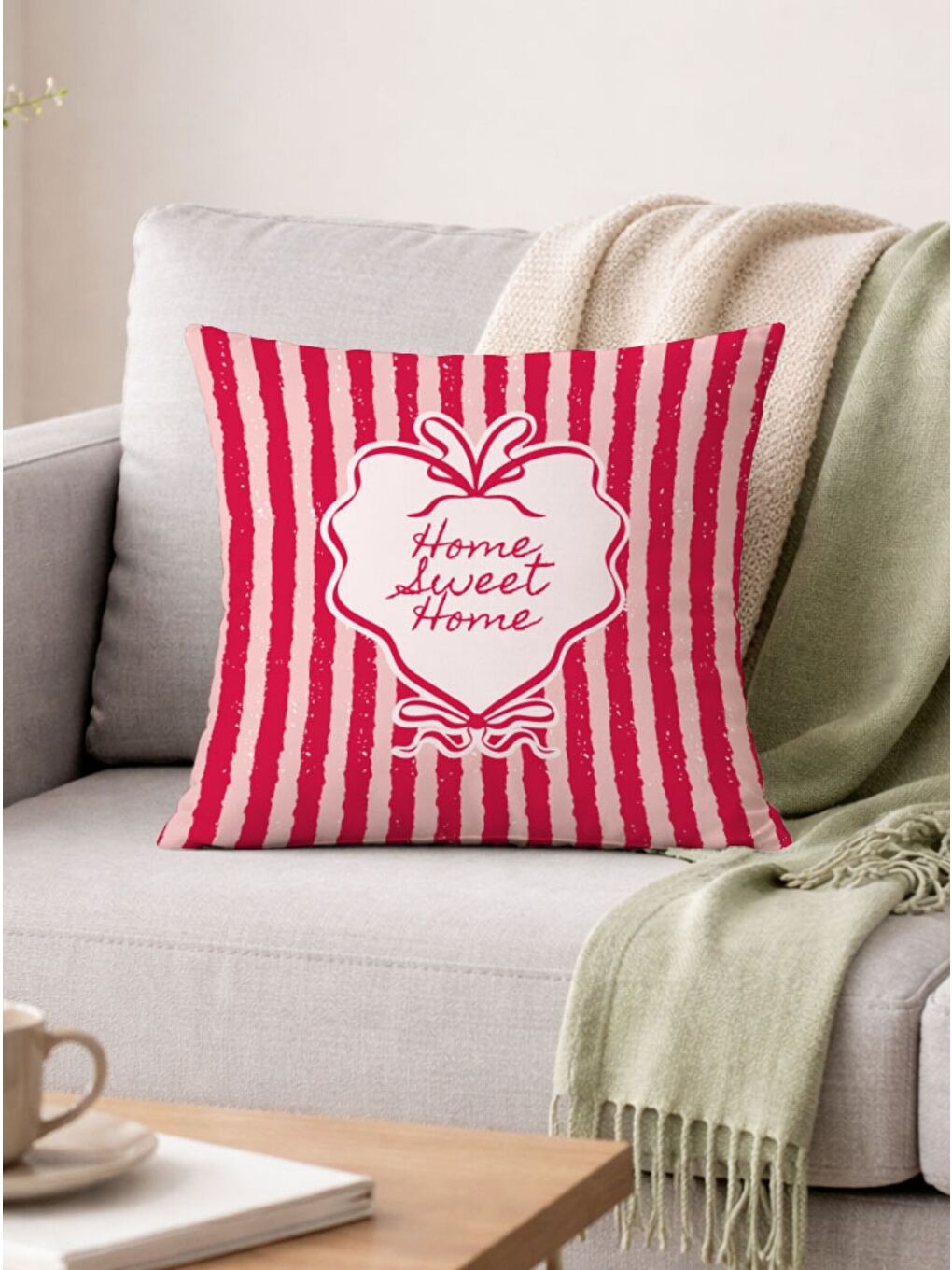 Pembe Home Sweet Home Kadife, 43x43cm Çift Taraflı Süet Kumaş Dekoratif Kırlent Kılıfı-3
