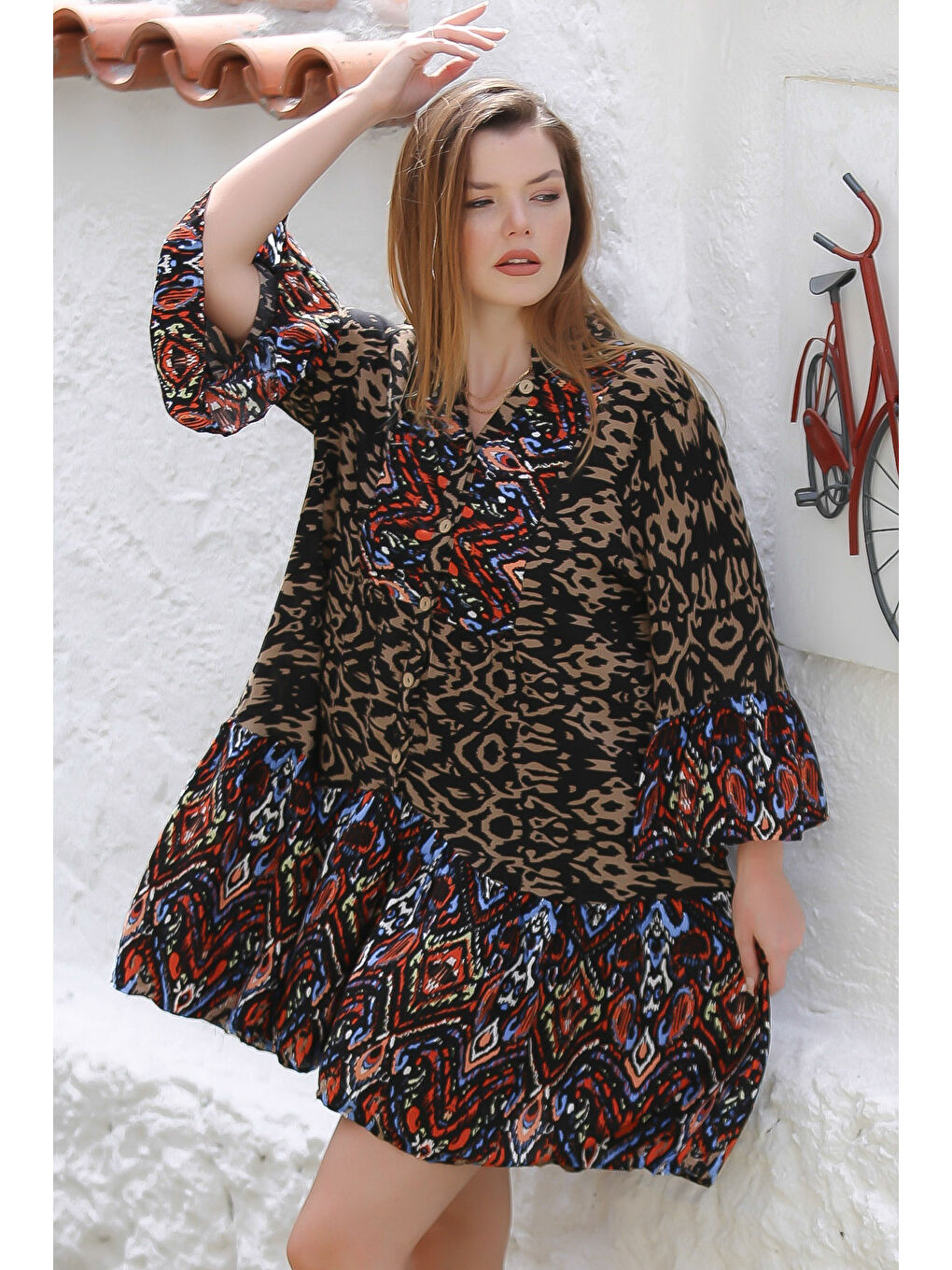 Kahverengi Hakim Yaka 3/4 Kol Düğmeli Kol Ve Etek Ucu Fırfırlı Allover Baskılı Dokuma Casual Elbise-3