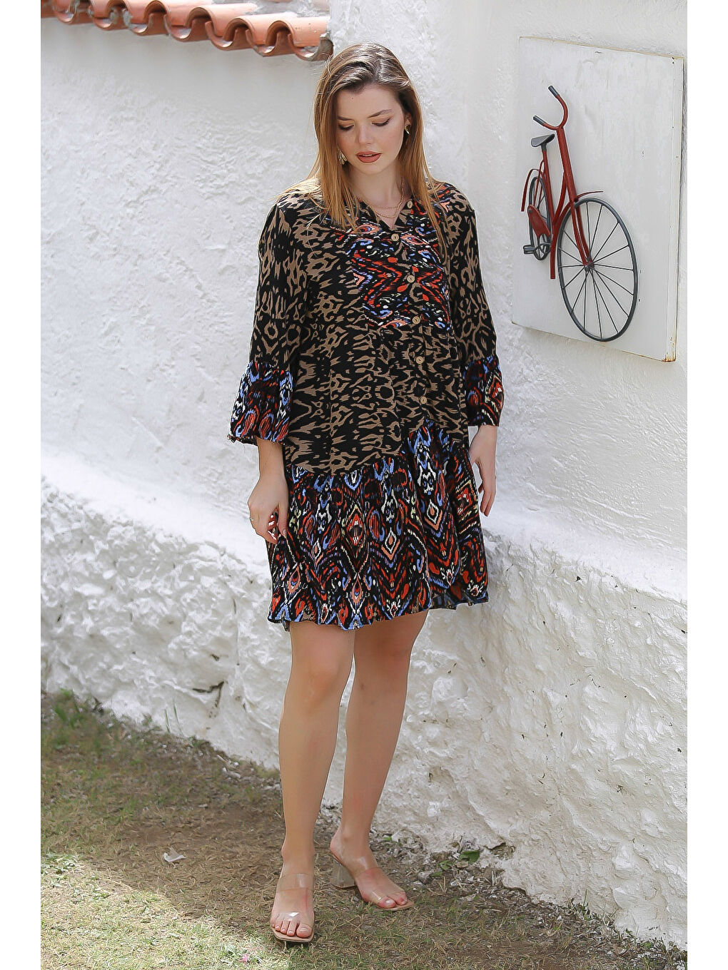 Kahverengi Hakim Yaka 3/4 Kol Düğmeli Kol Ve Etek Ucu Fırfırlı Allover Baskılı Dokuma Casual Elbise-5