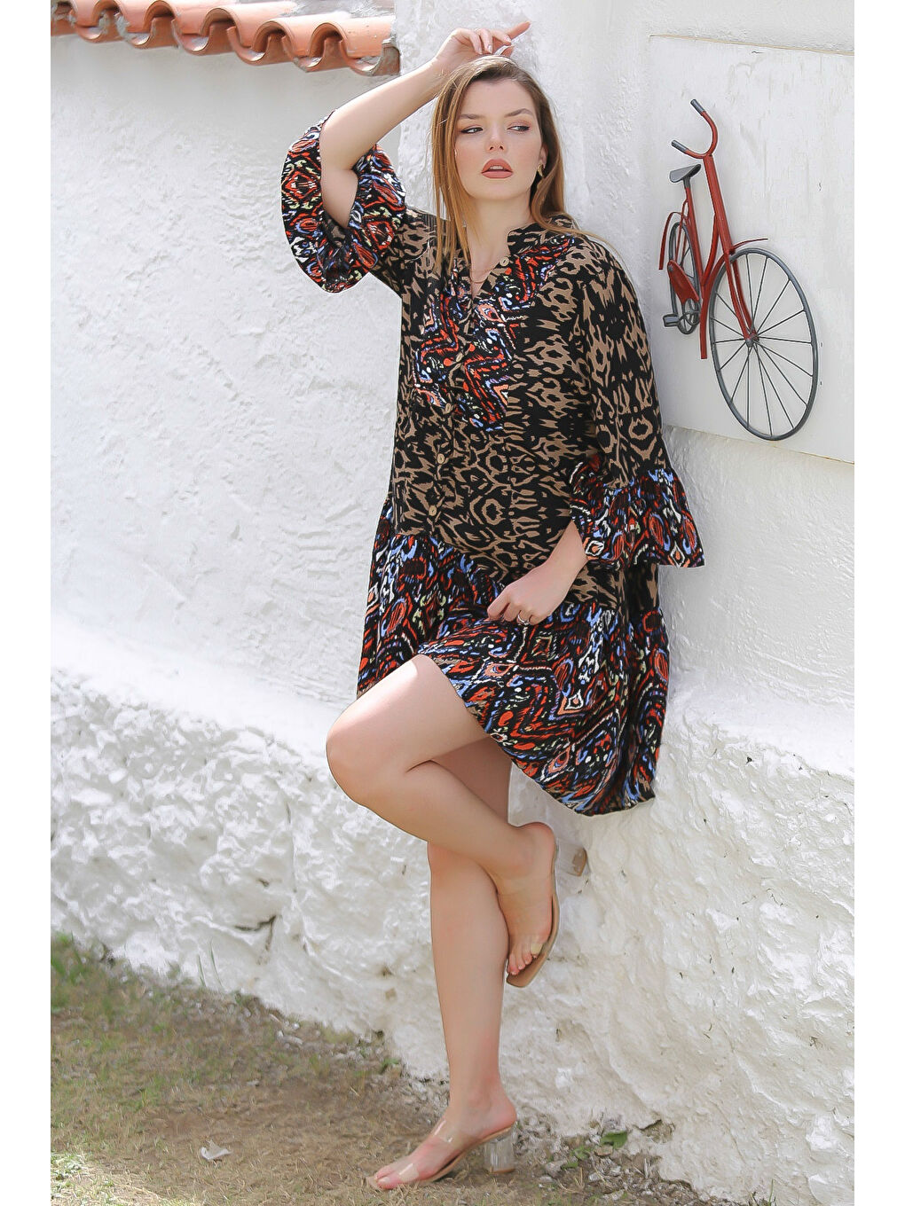 Kahverengi Hakim Yaka 3/4 Kol Düğmeli Kol Ve Etek Ucu Fırfırlı Allover Baskılı Dokuma Casual Elbise-6