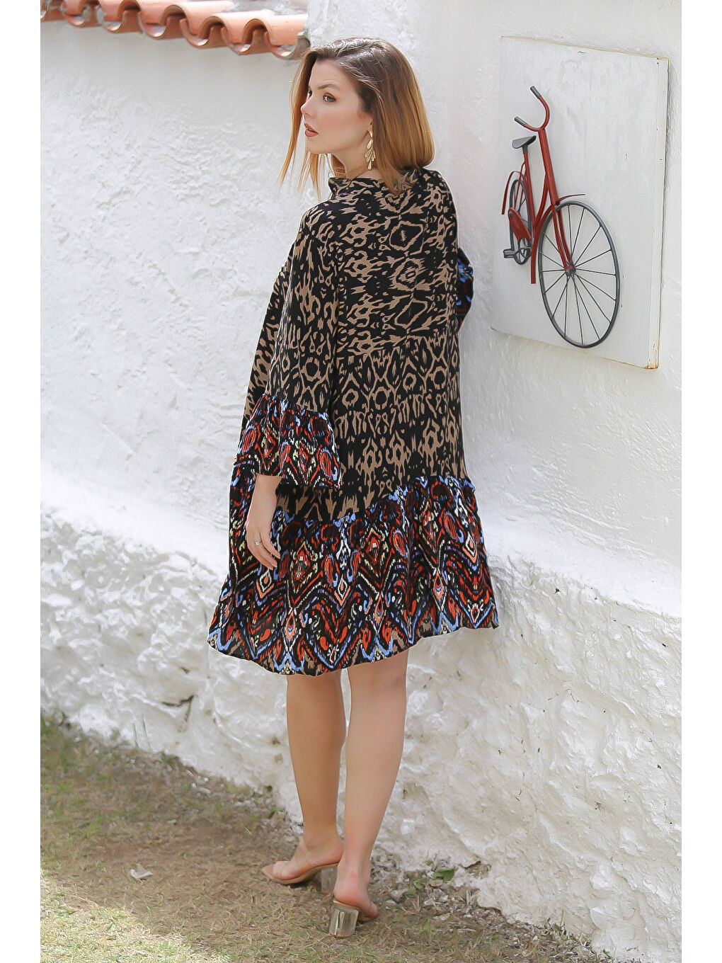 Kahverengi Hakim Yaka 3/4 Kol Düğmeli Kol Ve Etek Ucu Fırfırlı Allover Baskılı Dokuma Casual Elbise-7