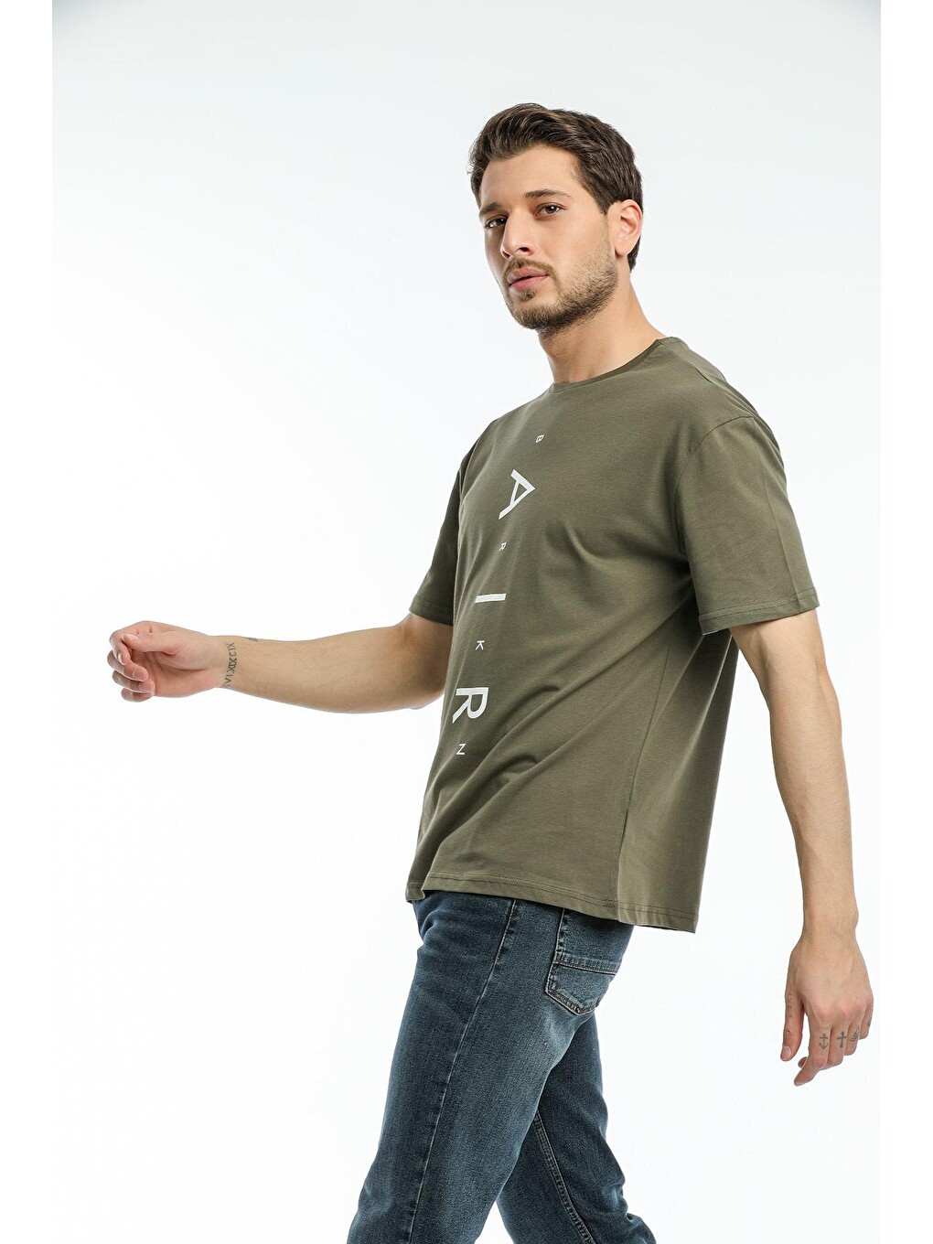 Haki Erkek Bisiklet Yaka Standart &regular Fit Aır Baskılı Tişort Spr21y28-1