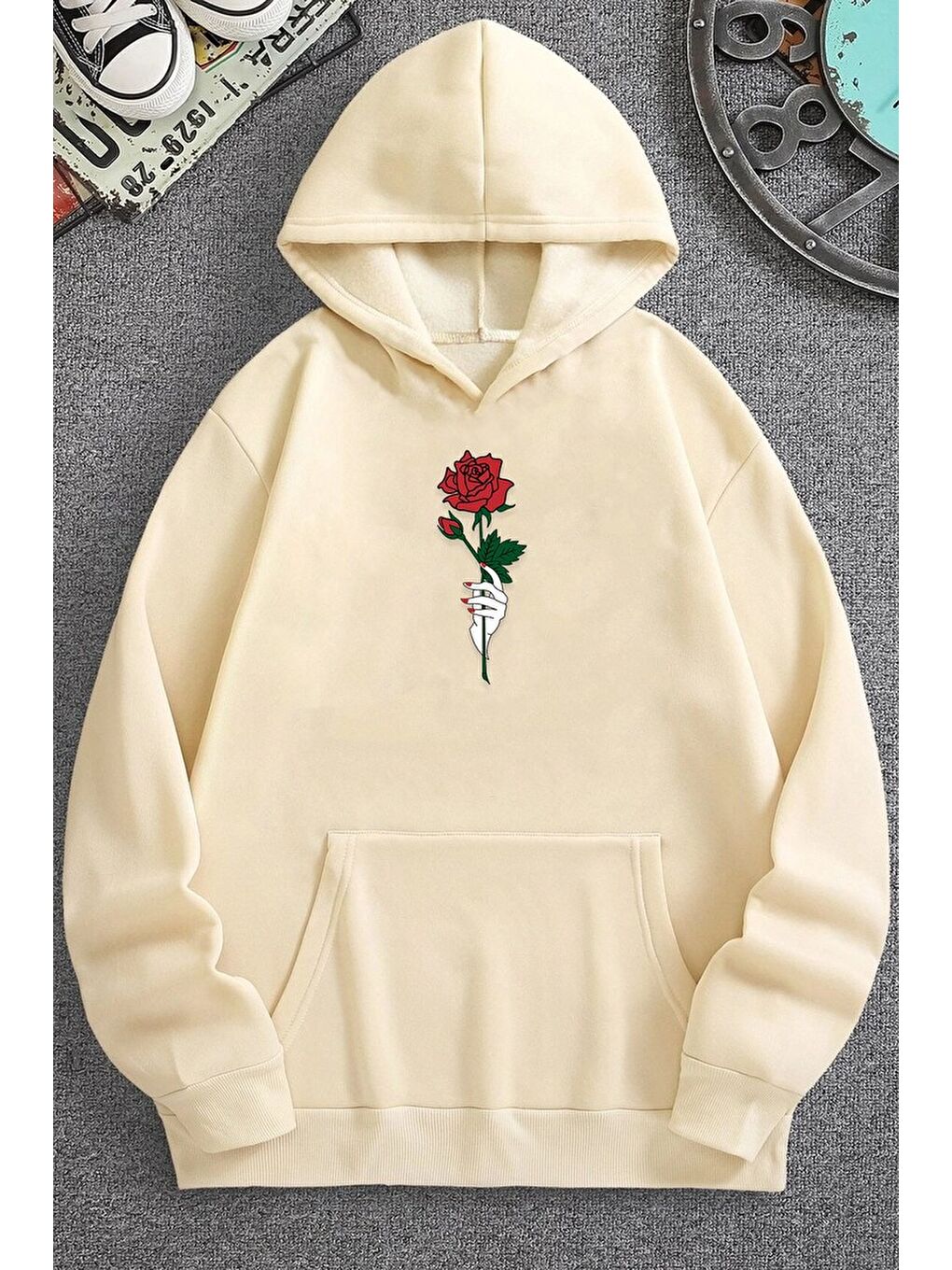 uyguntarz Bej Unisex Rose Baskılı Sweatshirt