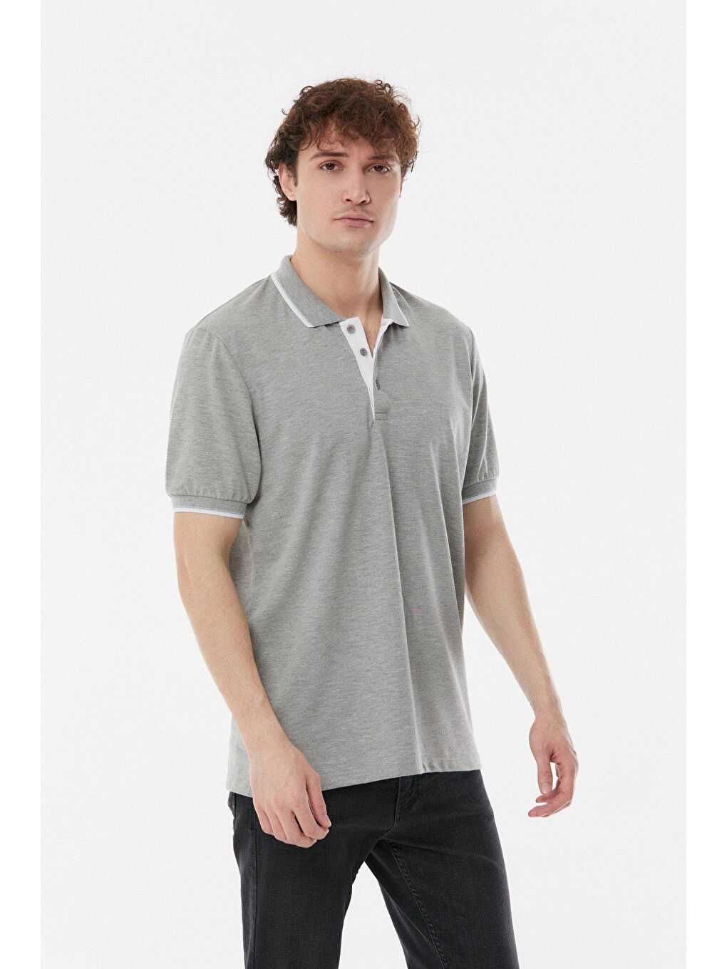 Gri Yakası Çizgili Polo Yaka  Tişört