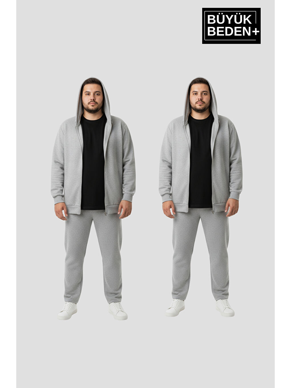 Gri Erkek Büyük Beden Fermuarlı Kapüşonlu 2'li Set ince Sweatshirt Hırka - Rahat Kalıp SPR26BHR960+2