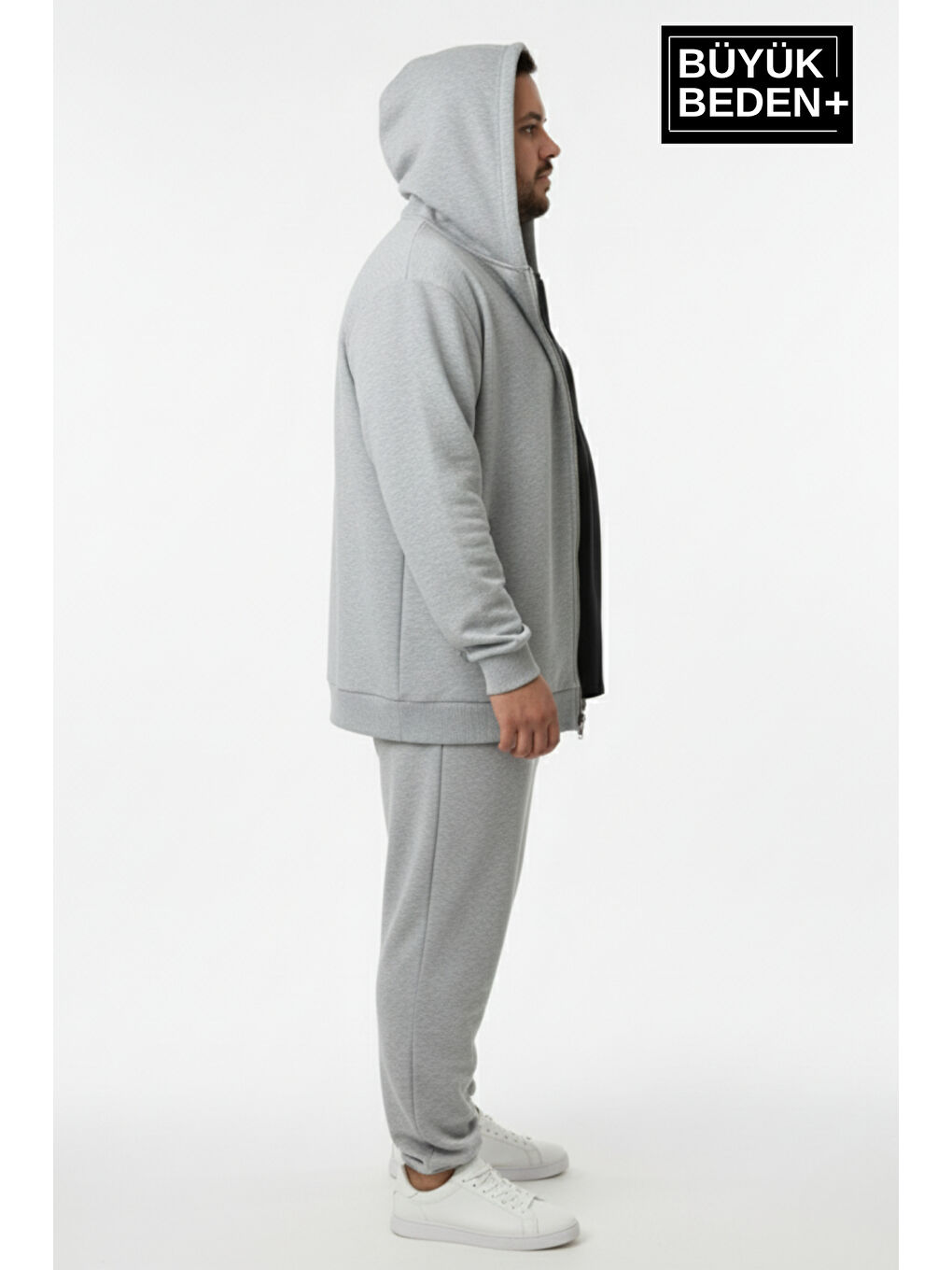 Gri Erkek Büyük Beden Fermuarlı Kapüşonlu 2'li Set ince Sweatshirt Hırka - Rahat Kalıp SPR26BHR960+2-1