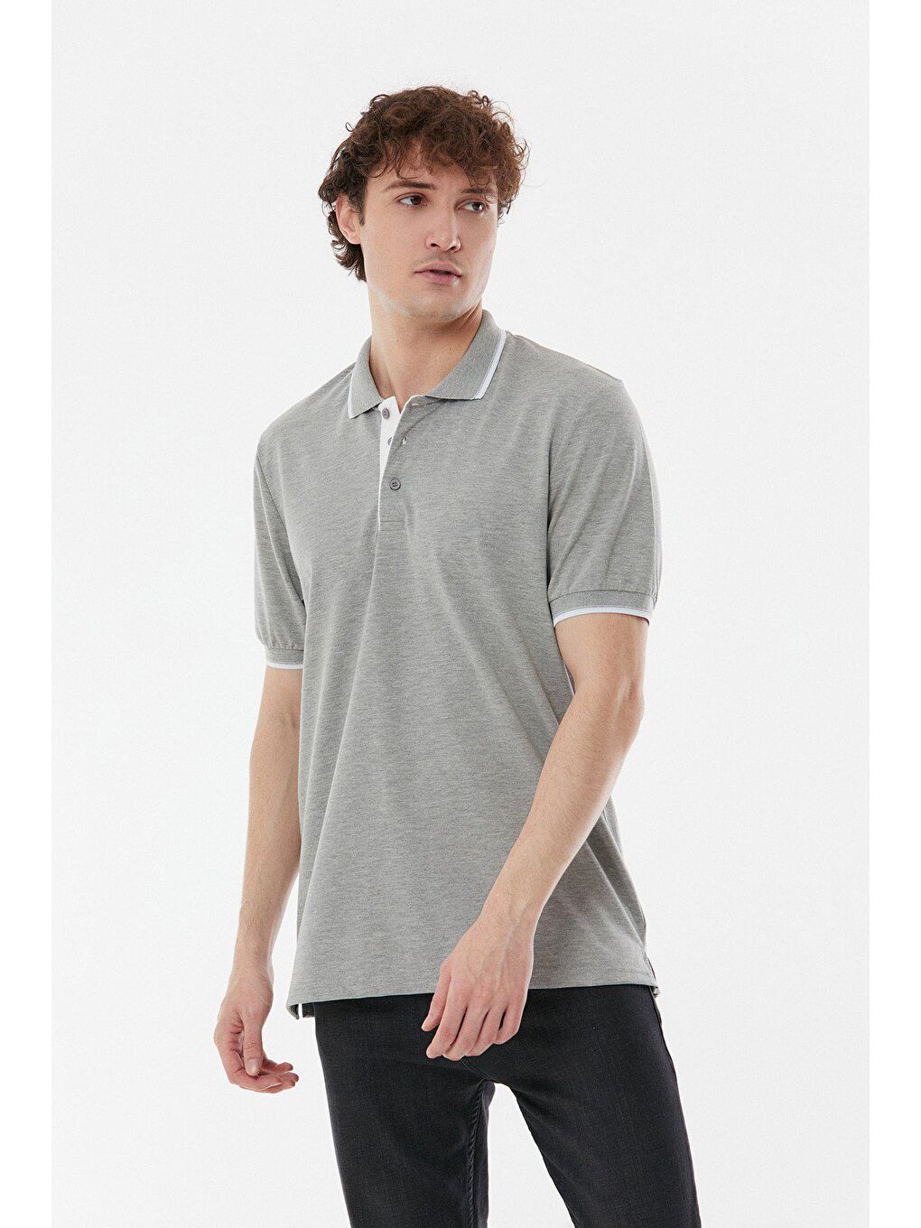 Gri Yakası Çizgili Polo Yaka  Tişört-2
