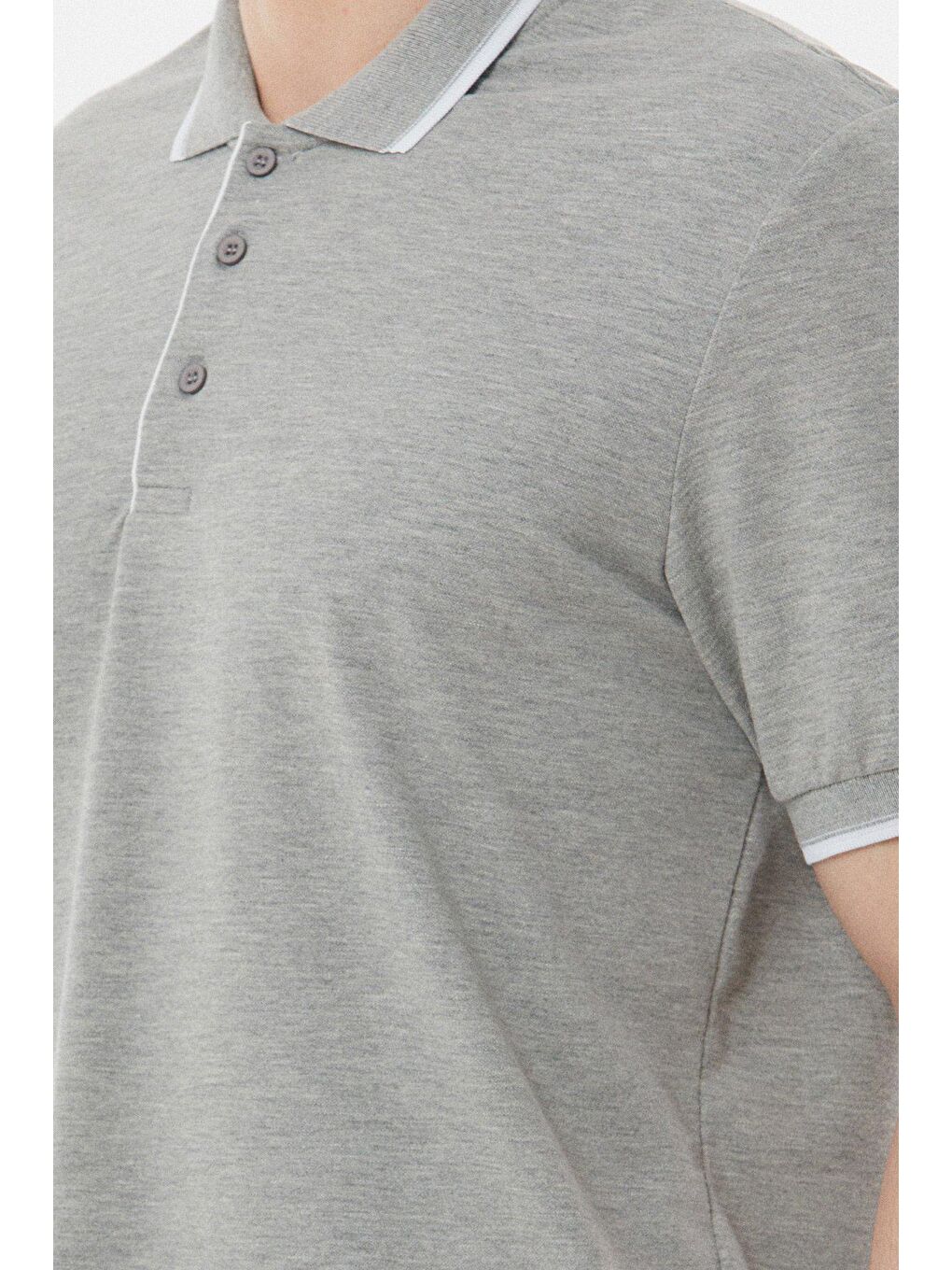 Gri Yakası Çizgili Polo Yaka  Tişört-3