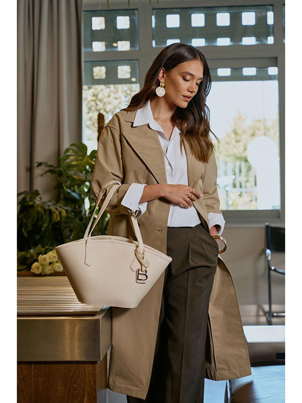 Ekru Kadın Çapraz Askılı El ve Omuz Çantası-1