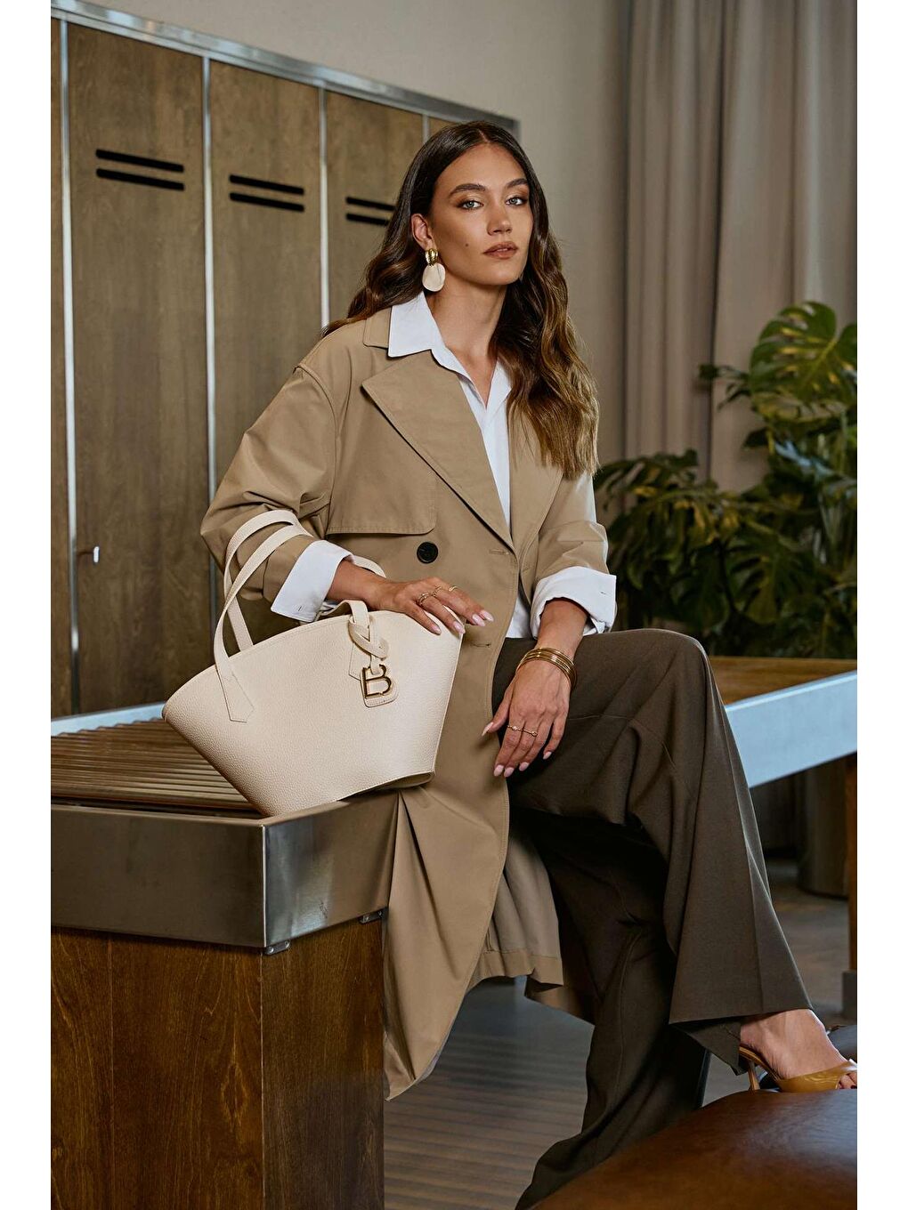 Ekru Kadın Çapraz Askılı El ve Omuz Çantası-2