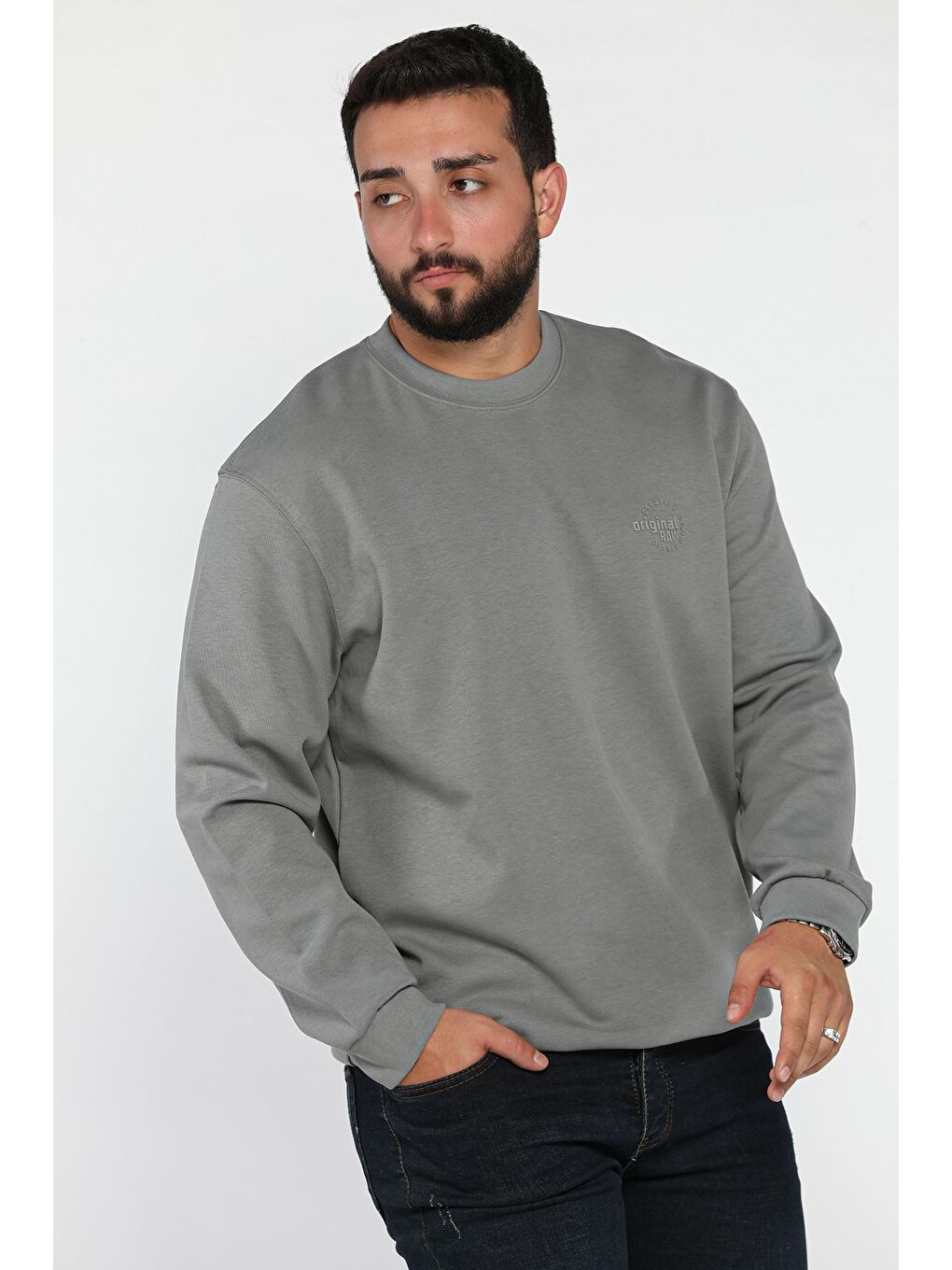 Gri Erkek Bisiklet Yaka Sweatshirt