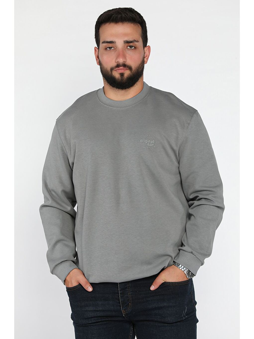 Gri Erkek Bisiklet Yaka Sweatshirt-1