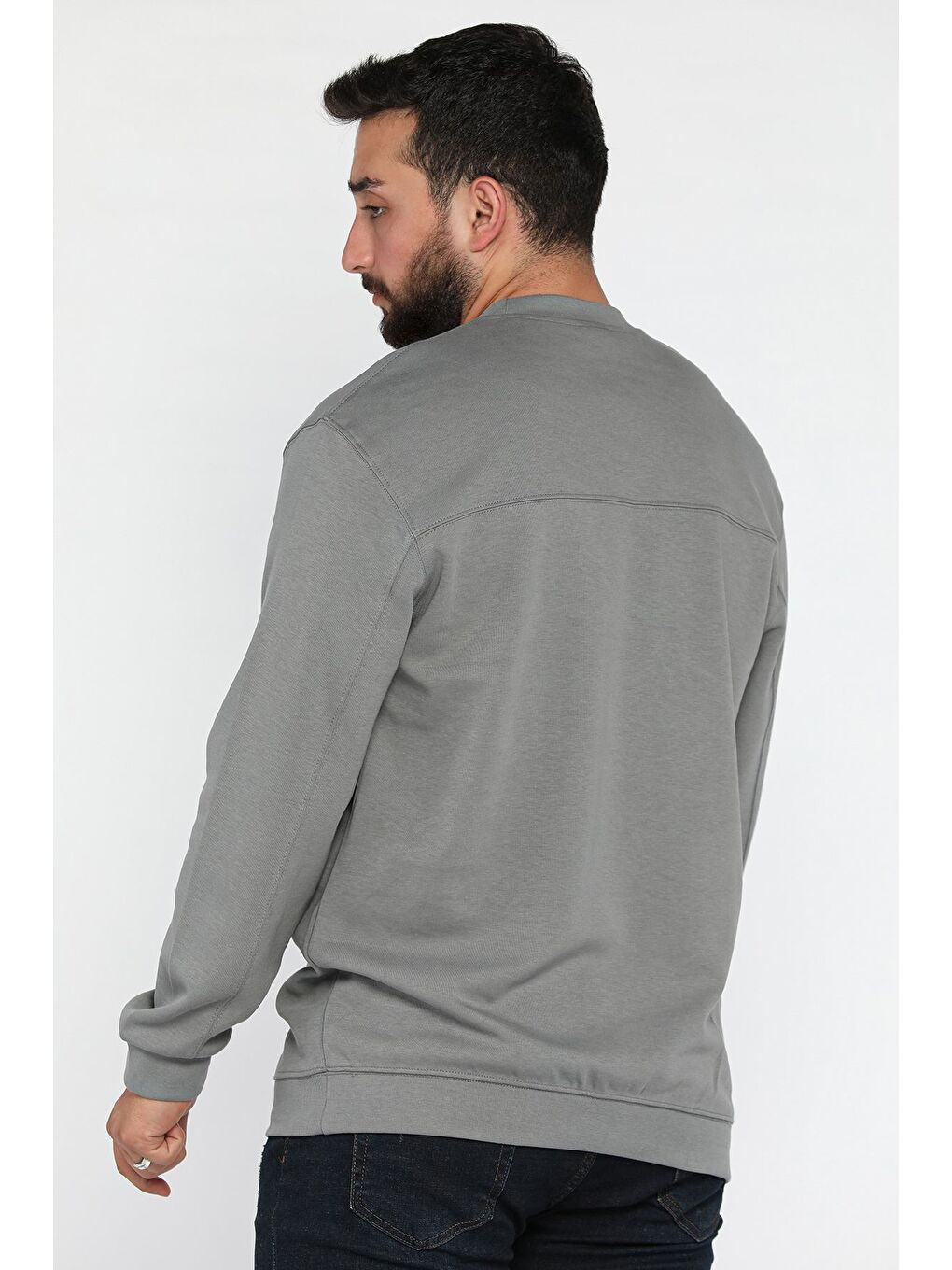 Gri Erkek Bisiklet Yaka Sweatshirt-2