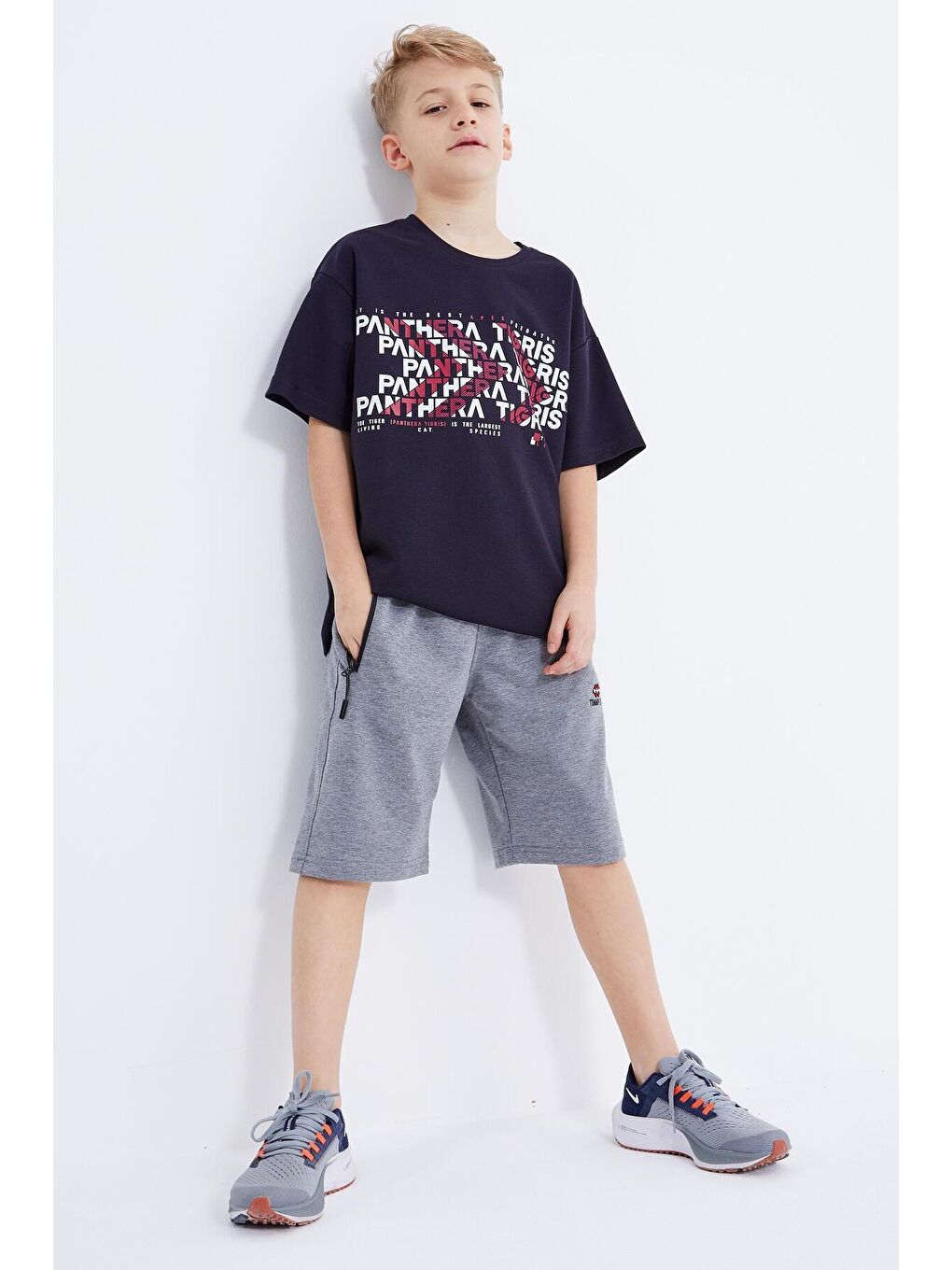 Gri Melanj Basic Fermuar Cepli Bağcıklı Erkek Çocuk Şort  - 10879