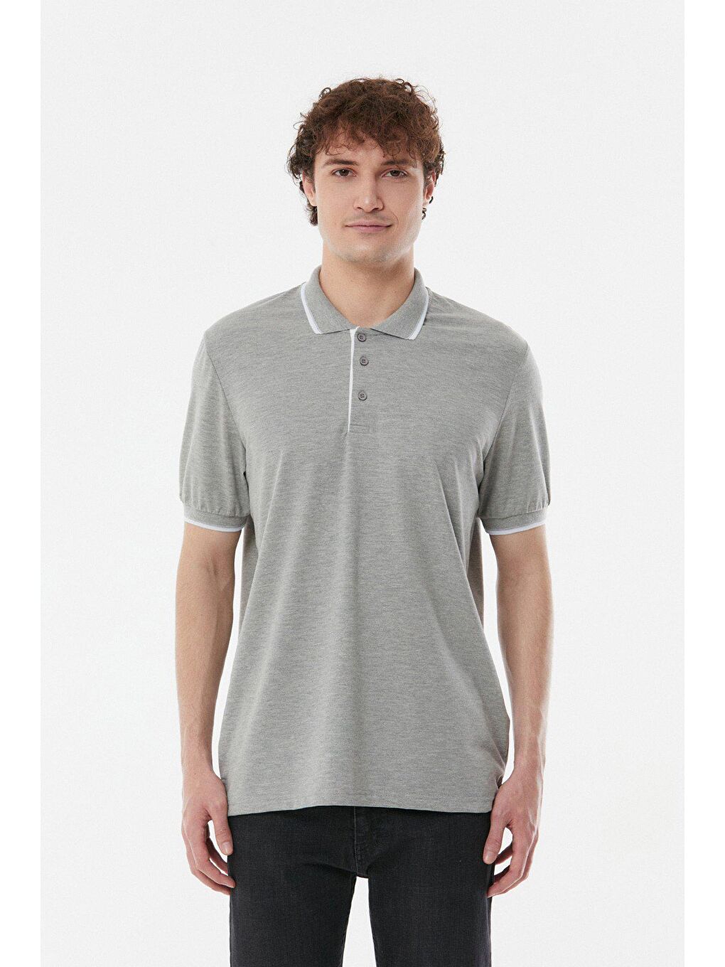 Gri Yakası Çizgili Polo Yaka  Tişört-4