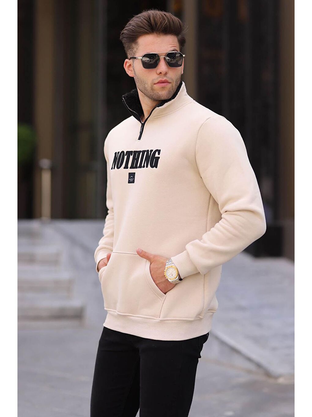 Madmext Açık Bej Baskılı Fermuar Detaylı Sweatshirt 6003 - 1