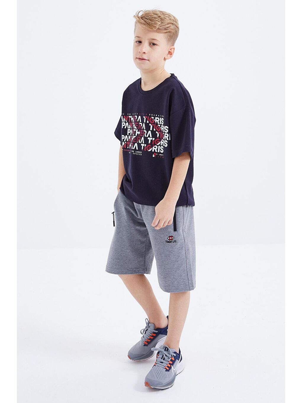 Gri Melanj Basic Fermuar Cepli Bağcıklı Erkek Çocuk Şort  - 10879-2