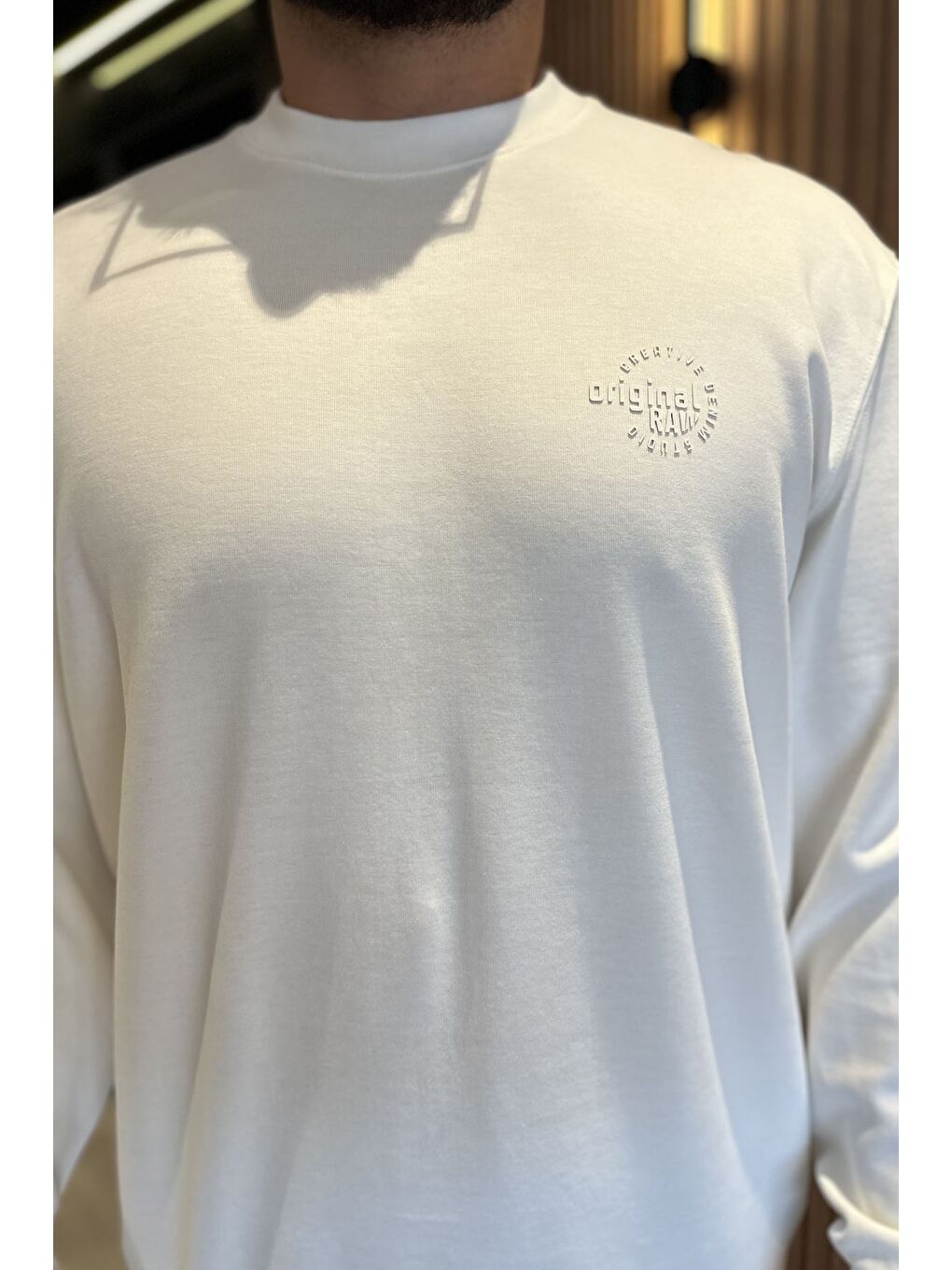 Ekru Erkek Bisiklet Yaka Sweatshirt-2