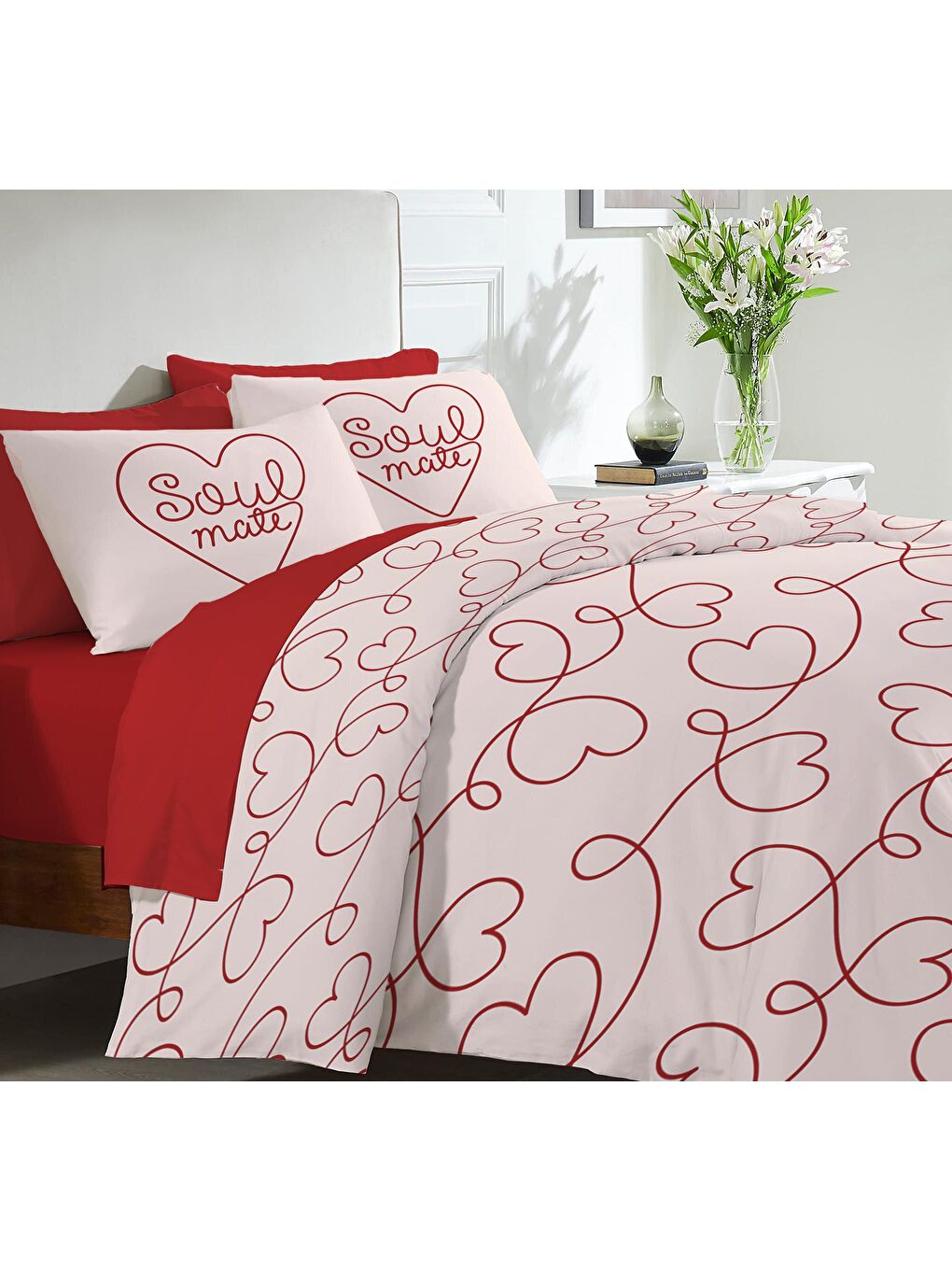 Kırmızı Kalp, sevgililer günü özel desen baskılı çift Kişilik 200x220 Cm ÇARŞAFSIZ Nevresim Takımı